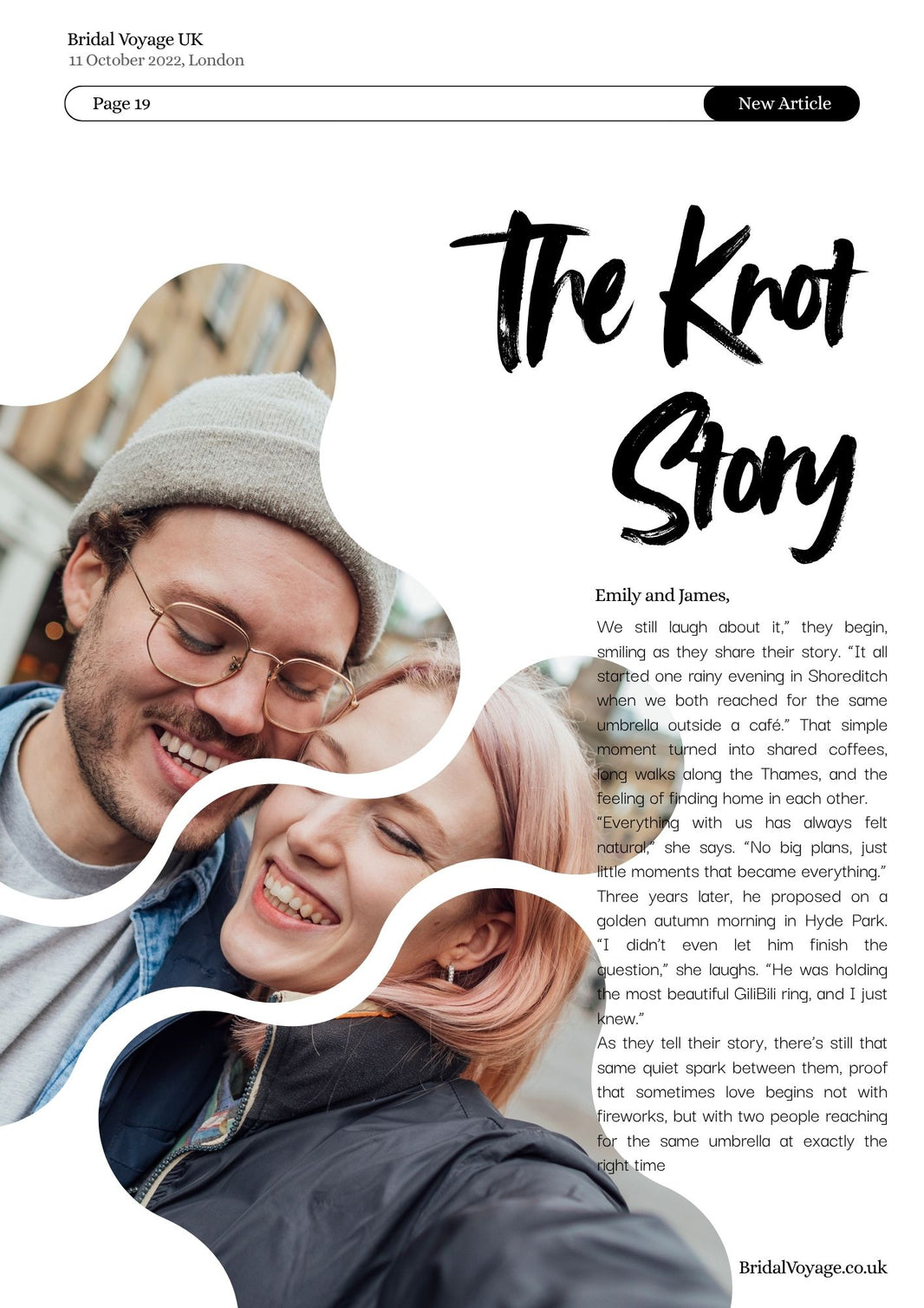 Article page from 'Bridal Voyage UK' with a couple and text titled 'The Knot Story' - mentioning GILIBILI ring