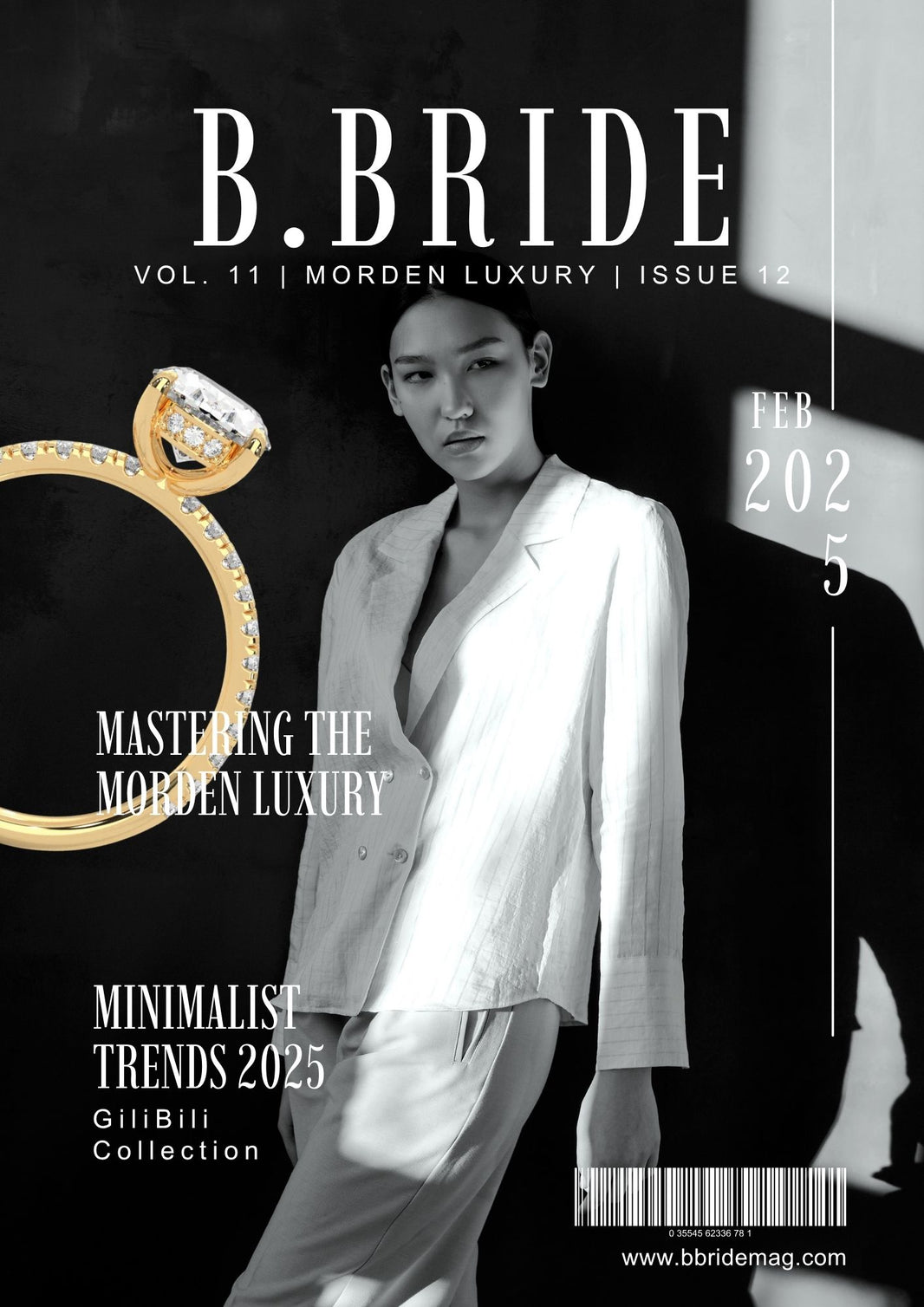 USA Popular Bride Magazine cover featuring a woman in a white outfit with a GiliBili Hidden Halo Lab Diamond ring on a dark background