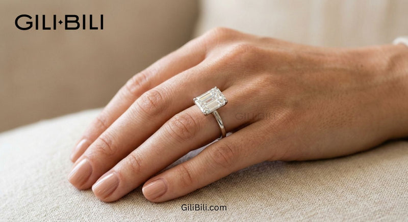 '3 carat emerald cut diamond ring set in 18K white gold solitaire setting