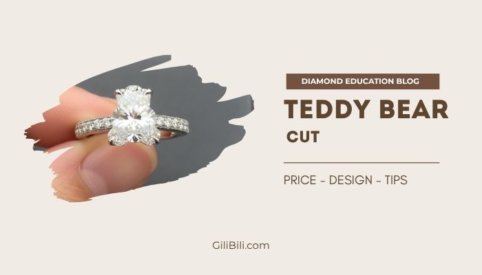 Hand holding a teddy bear cut lab grown diamond engagement ring with pavé band