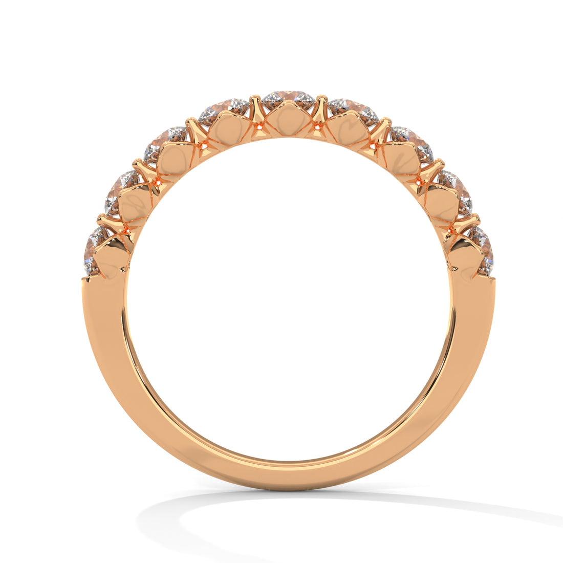 Rose gold ring with small diamonds on a white background