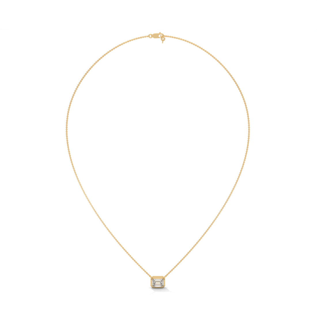 Gold necklace with a square pendant on a white background