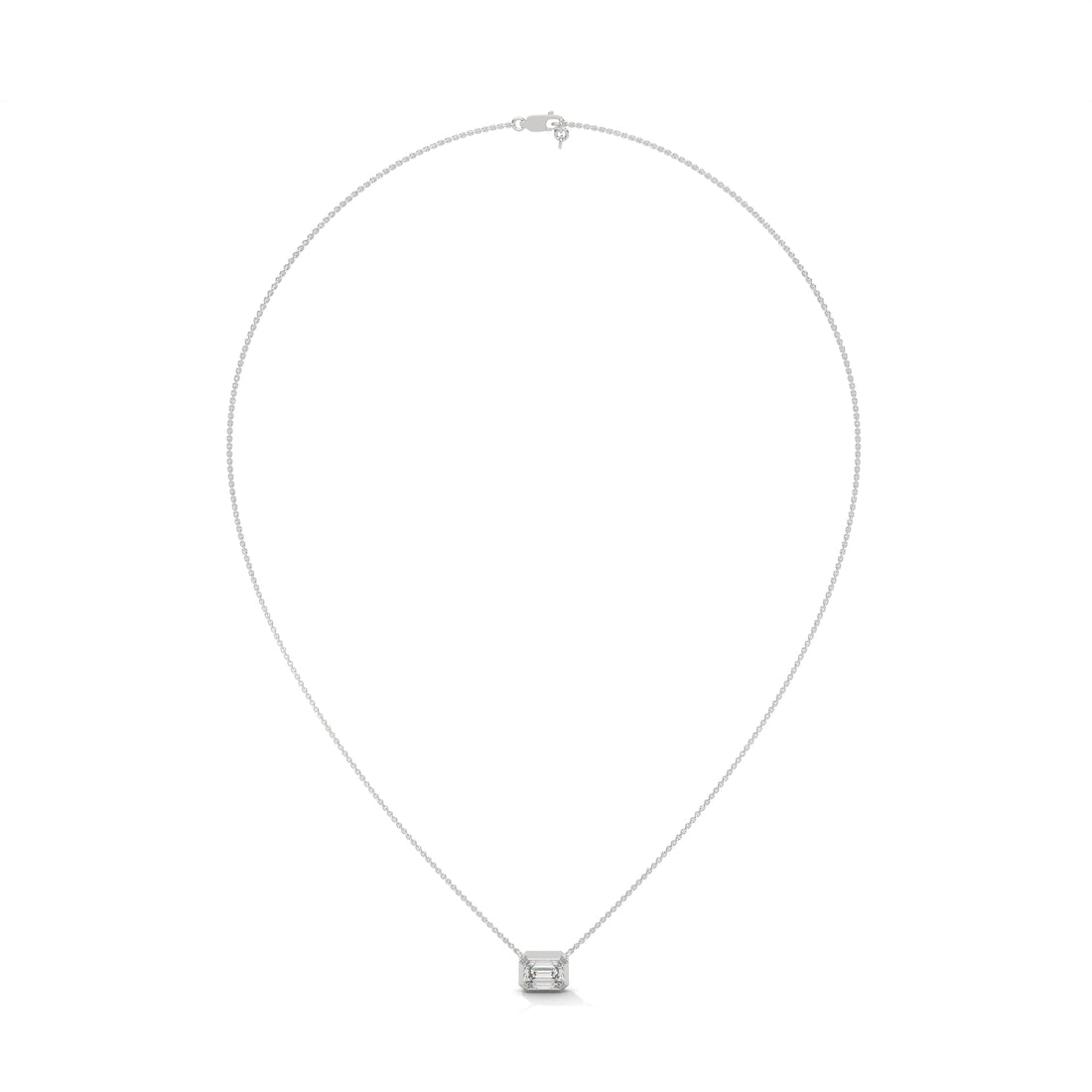 Silver necklace with a square pendant on a white background