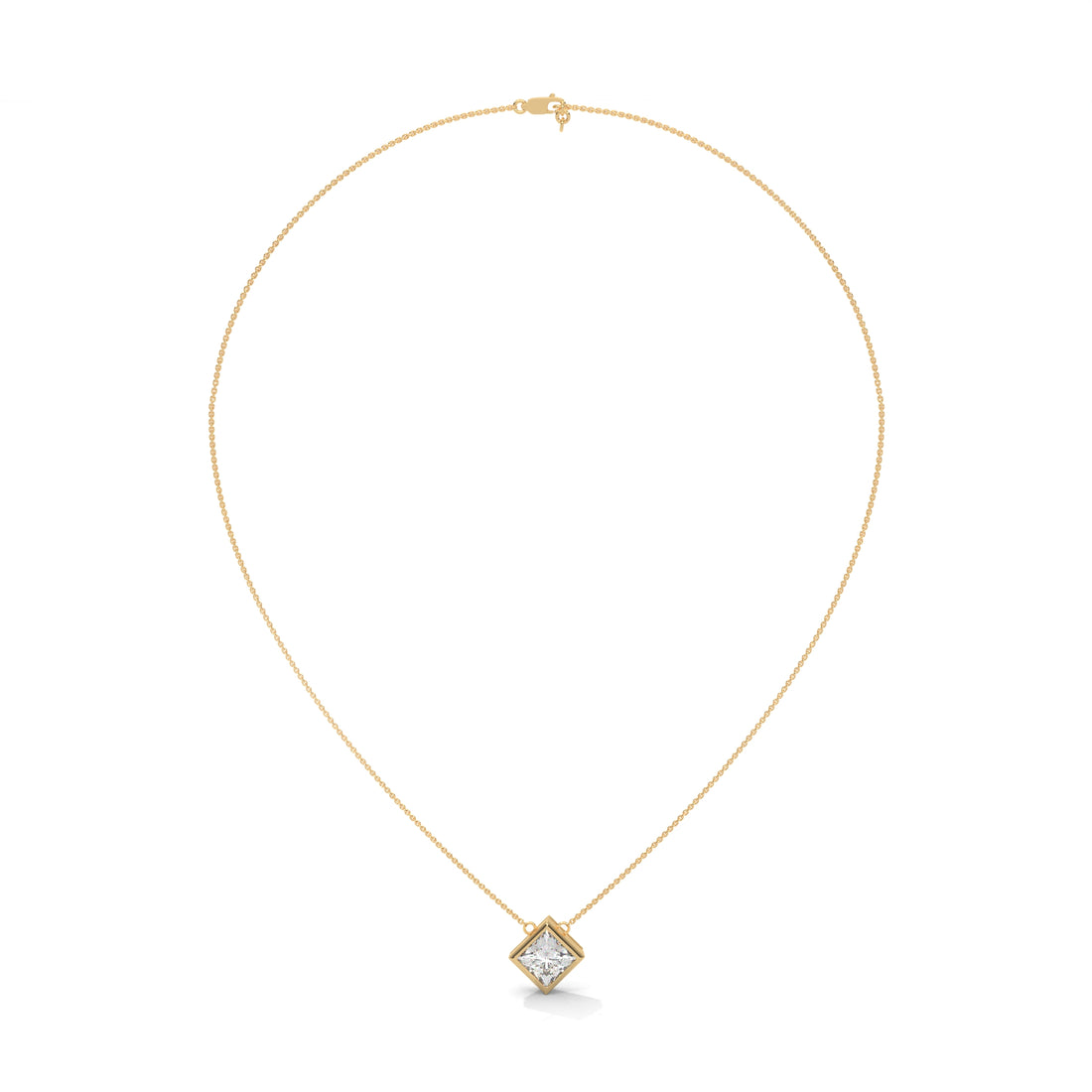 Gold necklace with a diamond pendant on a white background