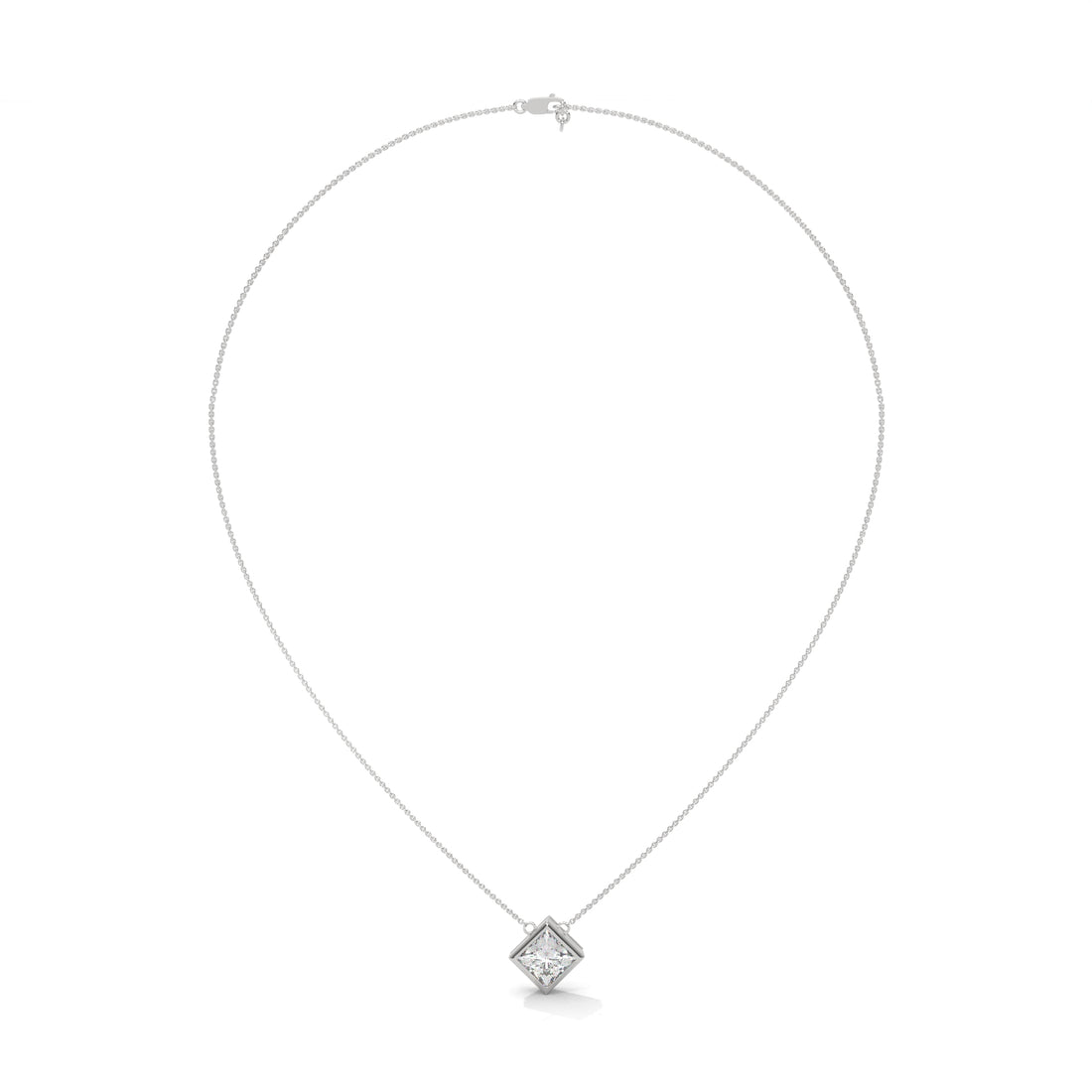 Diamond necklace with a princess cut  pendant on a white background