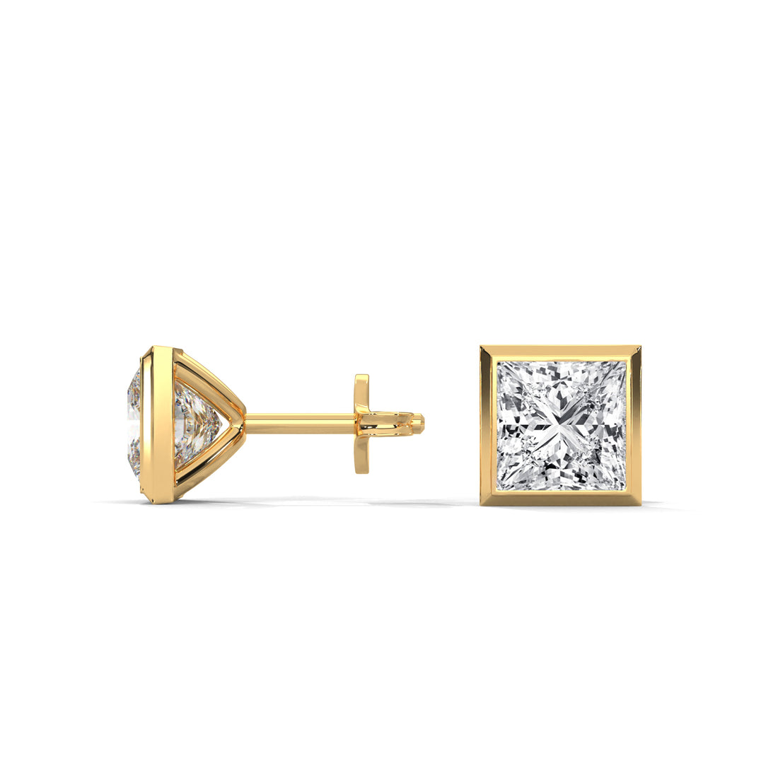Gold earrings with diamond studs on a white background