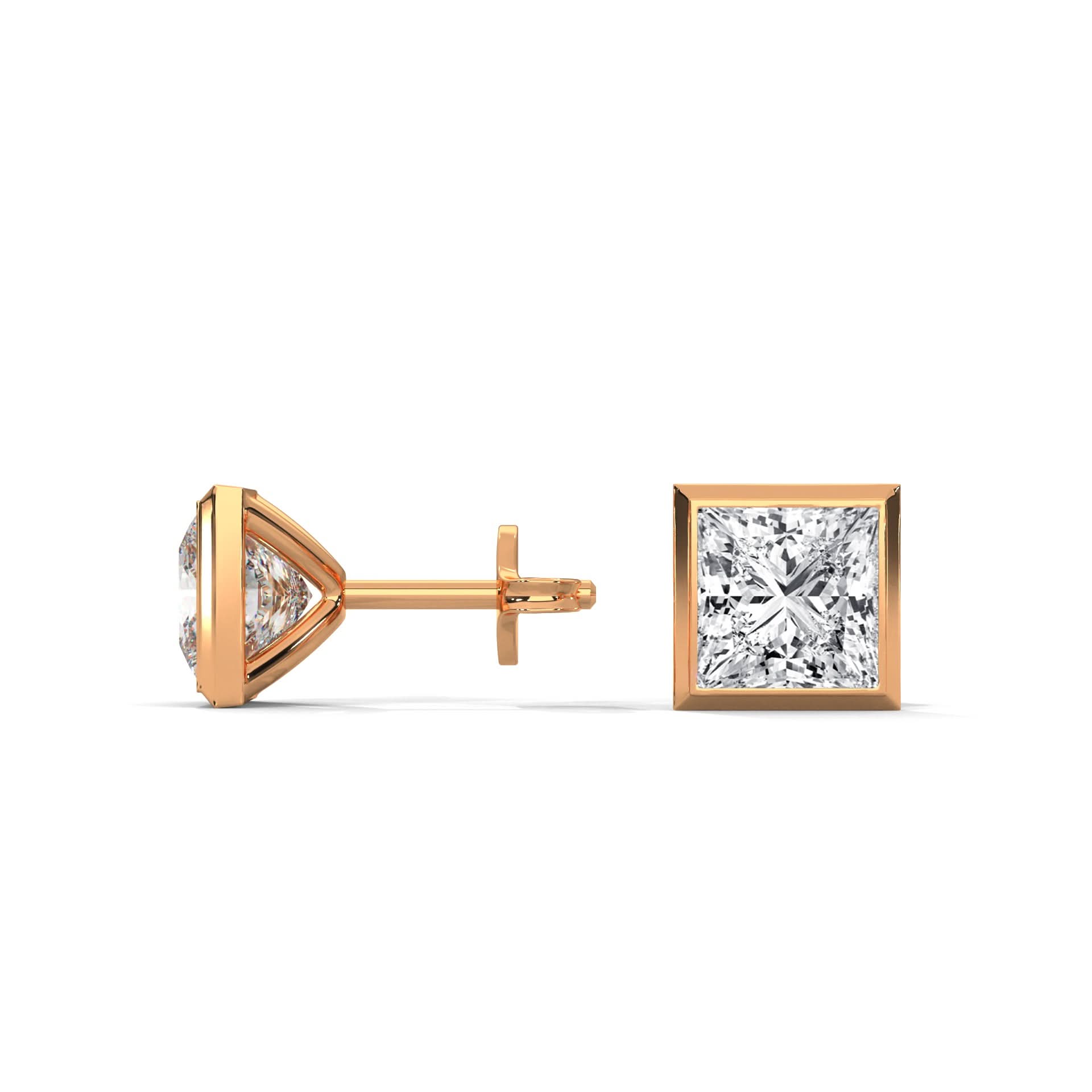 Rose gold diamond stud earrings on a white background