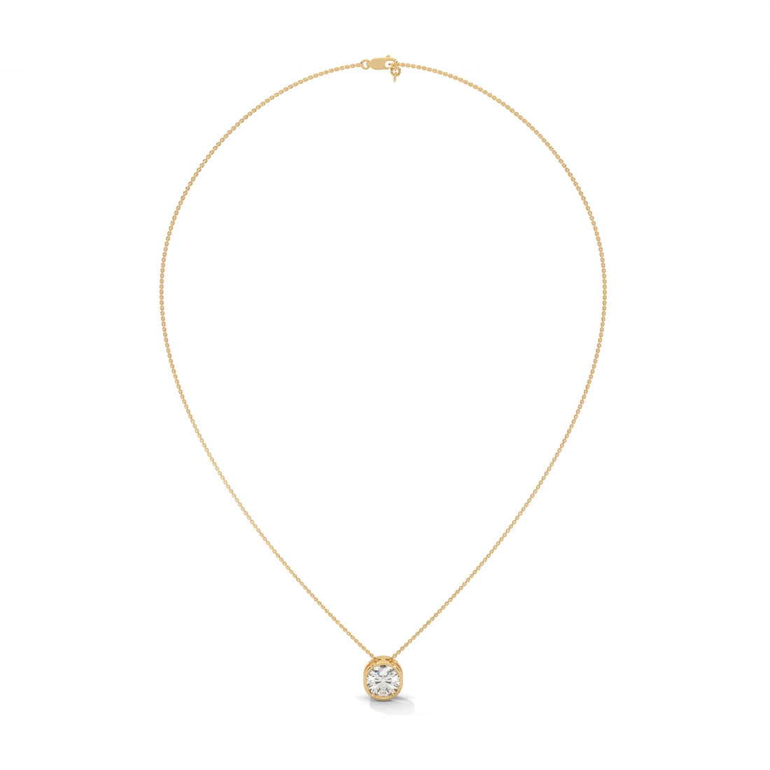 Gold necklace with a diamond pendant on a white background