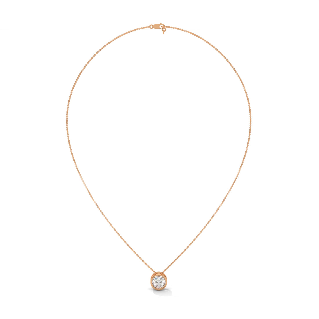 Rose gold necklace with a diamond pendant on a white background