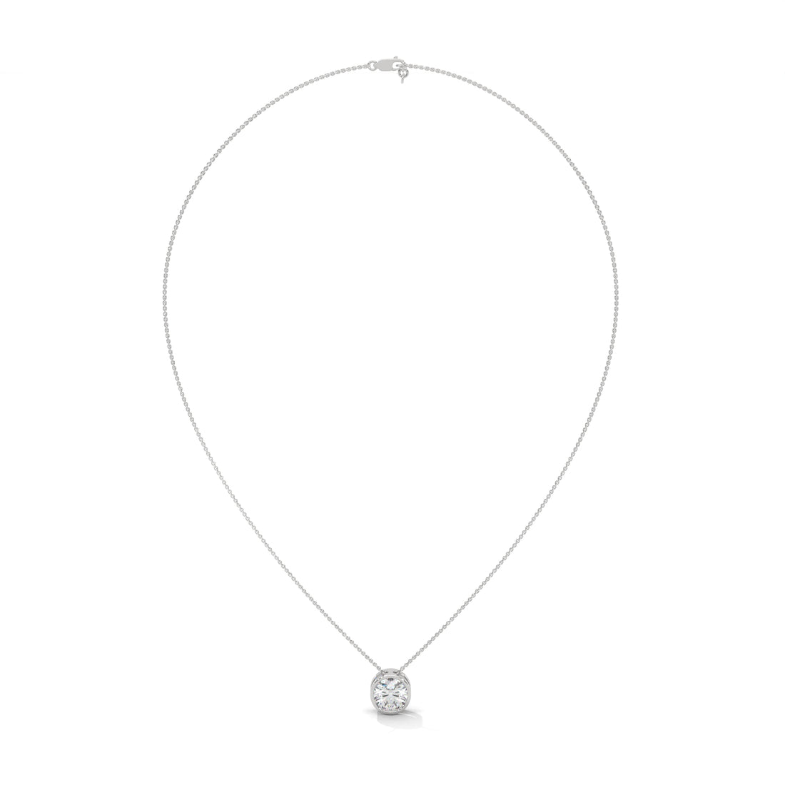 Silver necklace with a round pendant on a white background