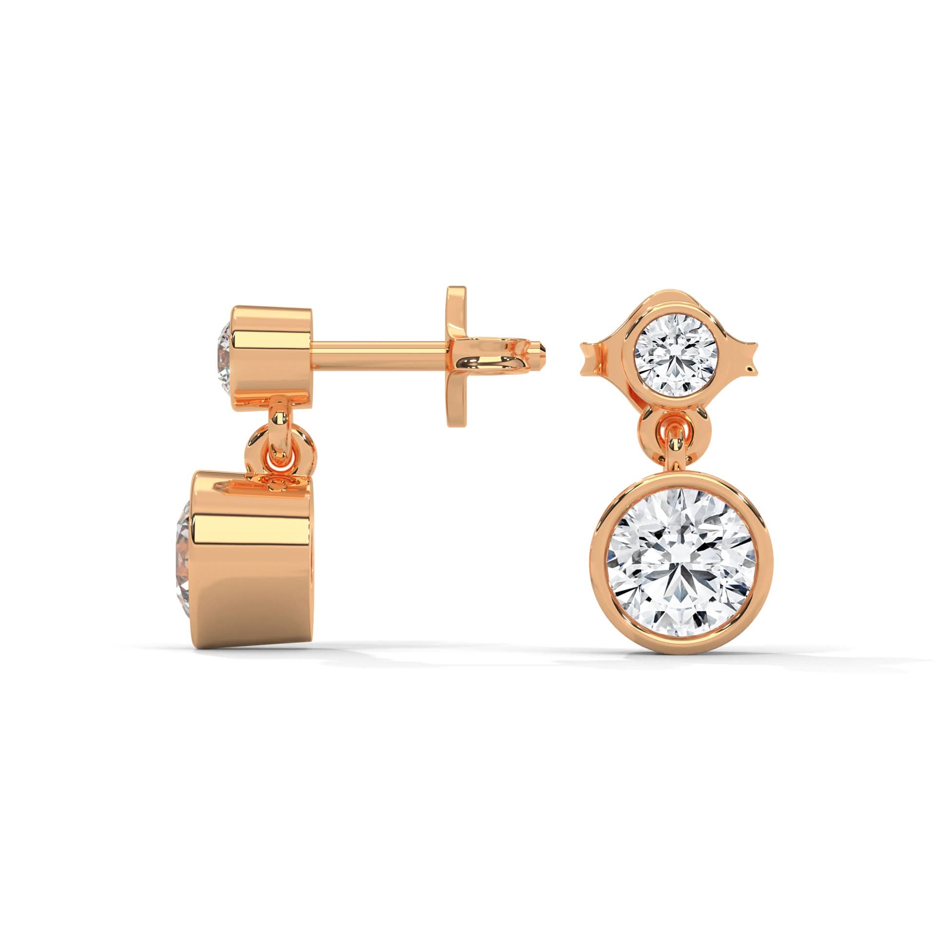 Rose gold earrings with clear Diamond on a white background