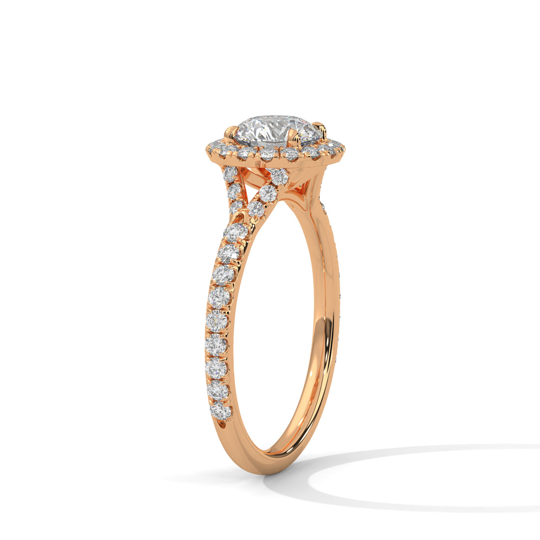 Rose gold ring with diamonds on a white background