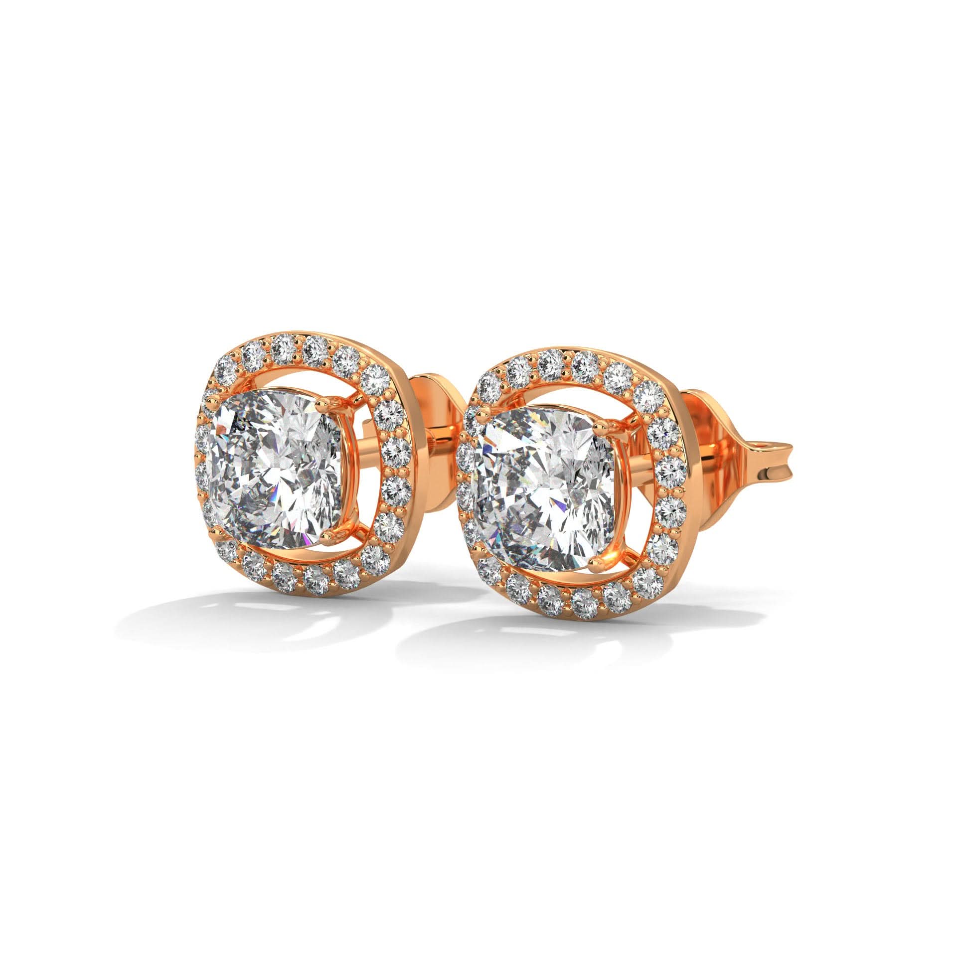 Rose gold earrings with clear gemstones on a white background