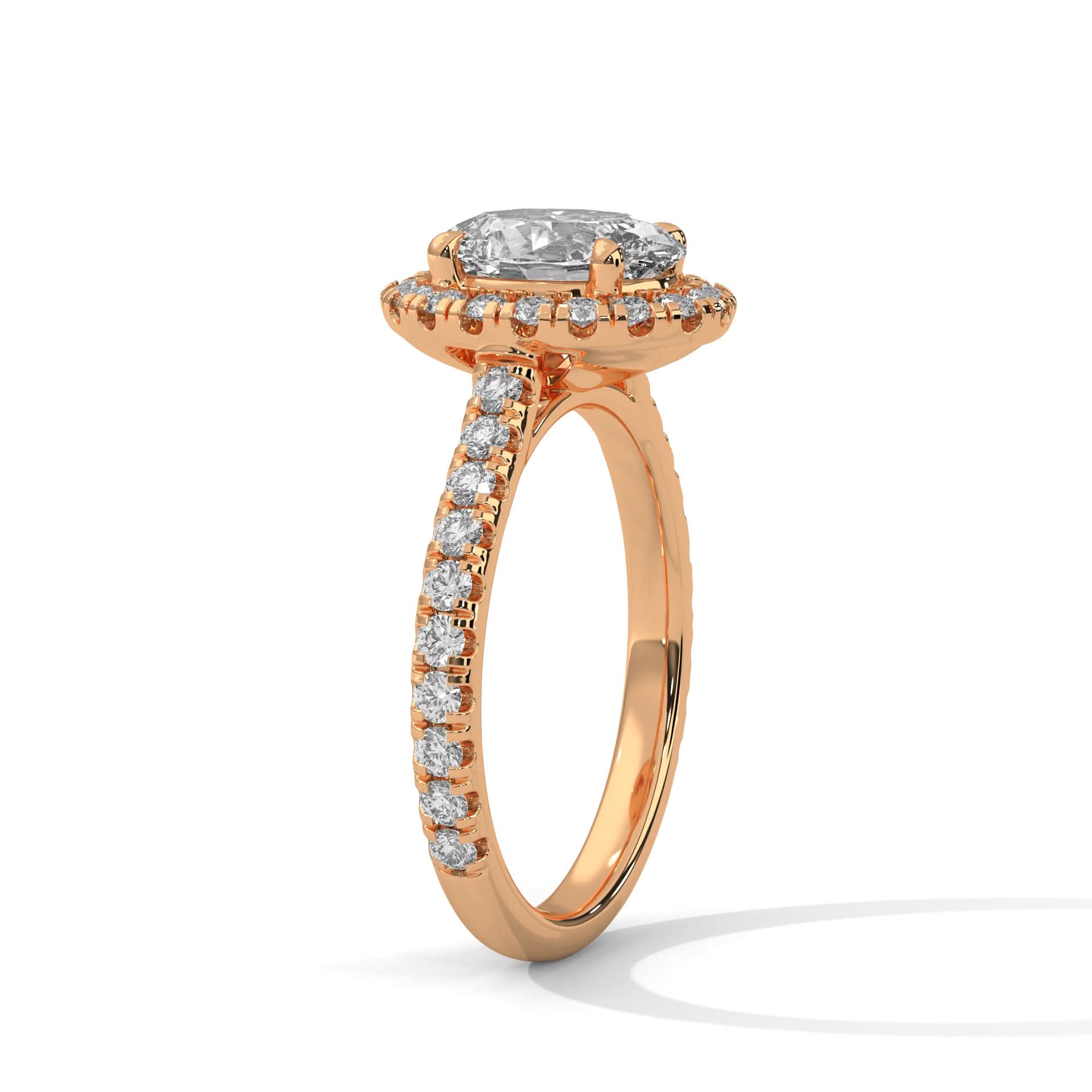 Rose gold ring with Lab diamond accents on a white background