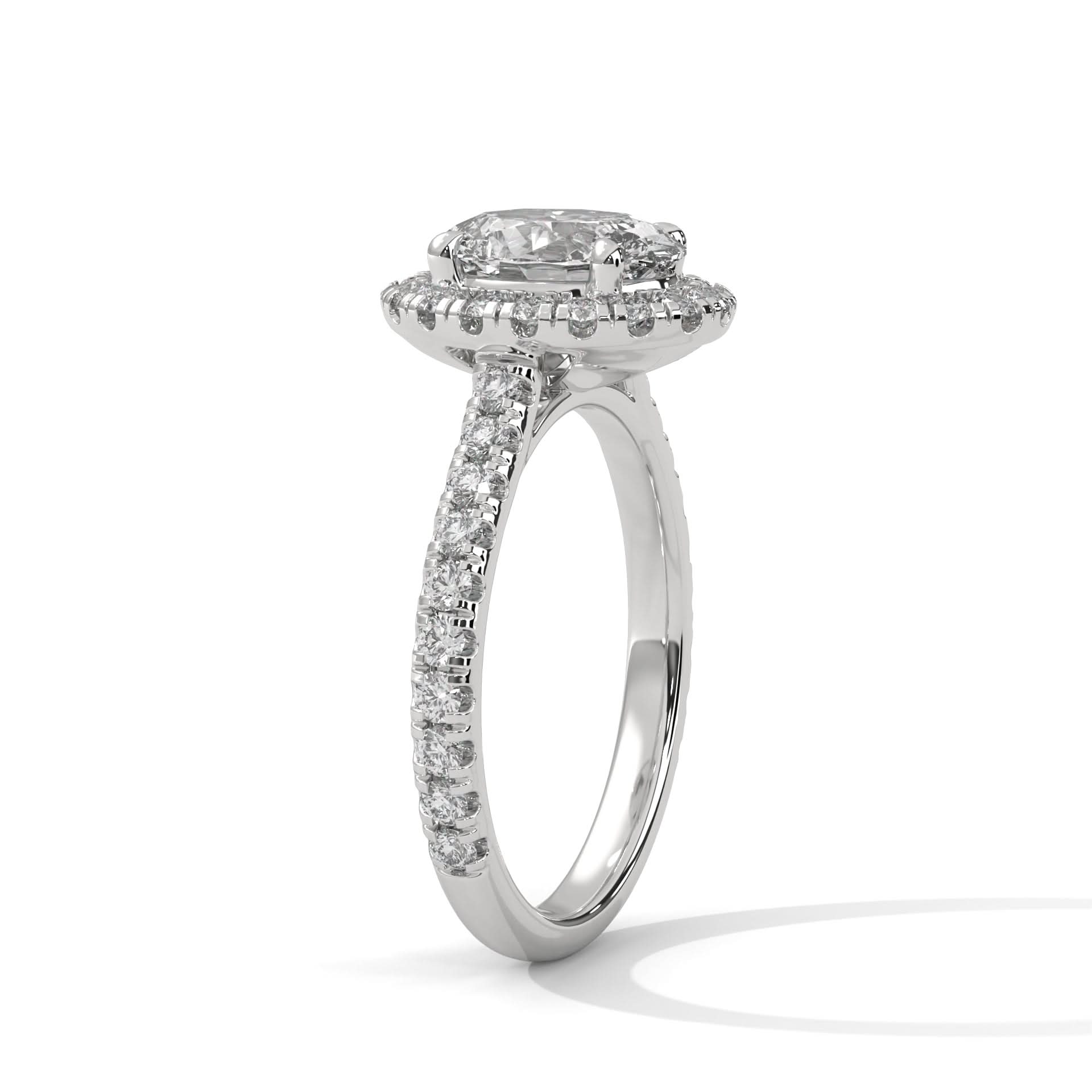 14KT Oval Lab Diamond ring with a halo setting on a white background