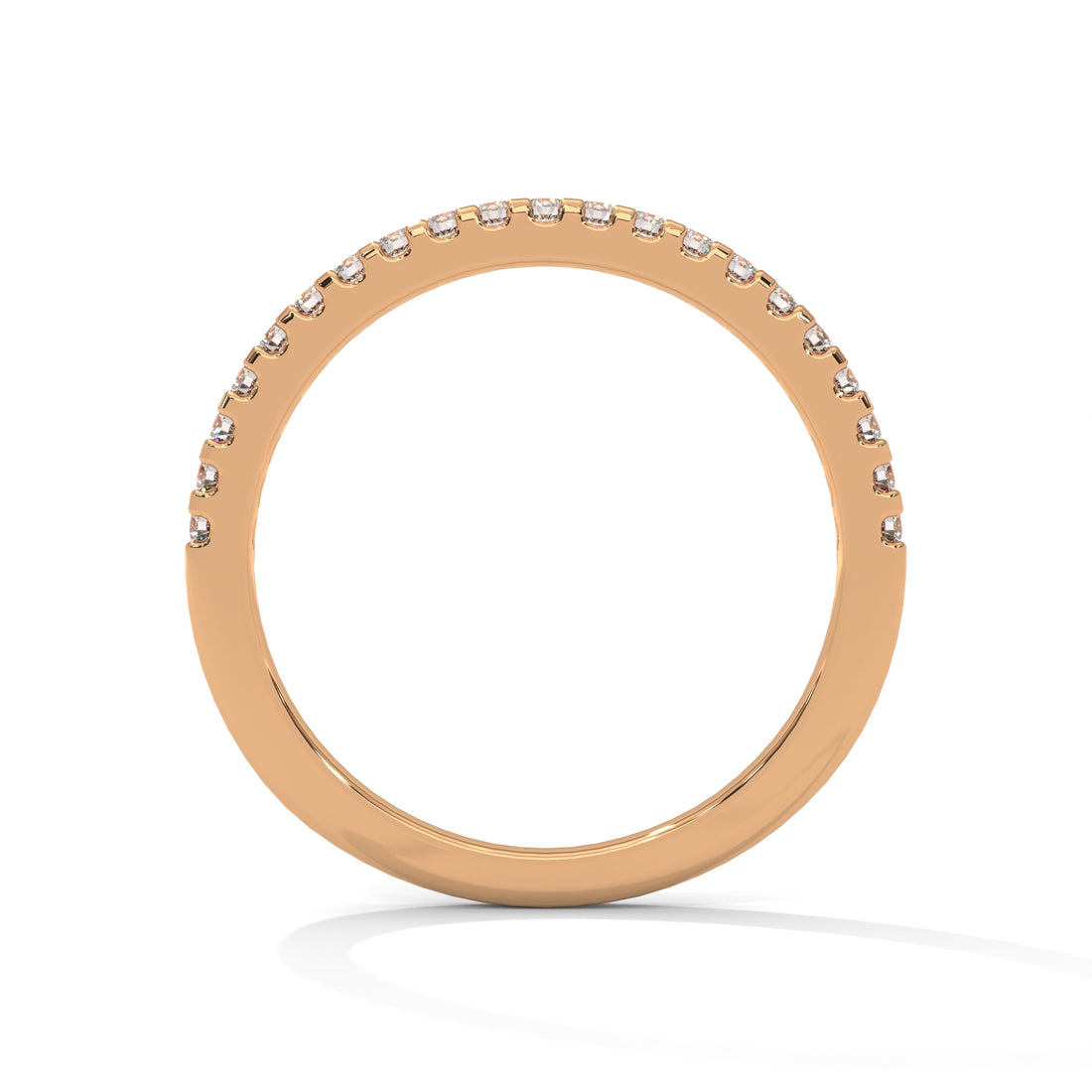 Rose gold ring with small diamonds on a white background