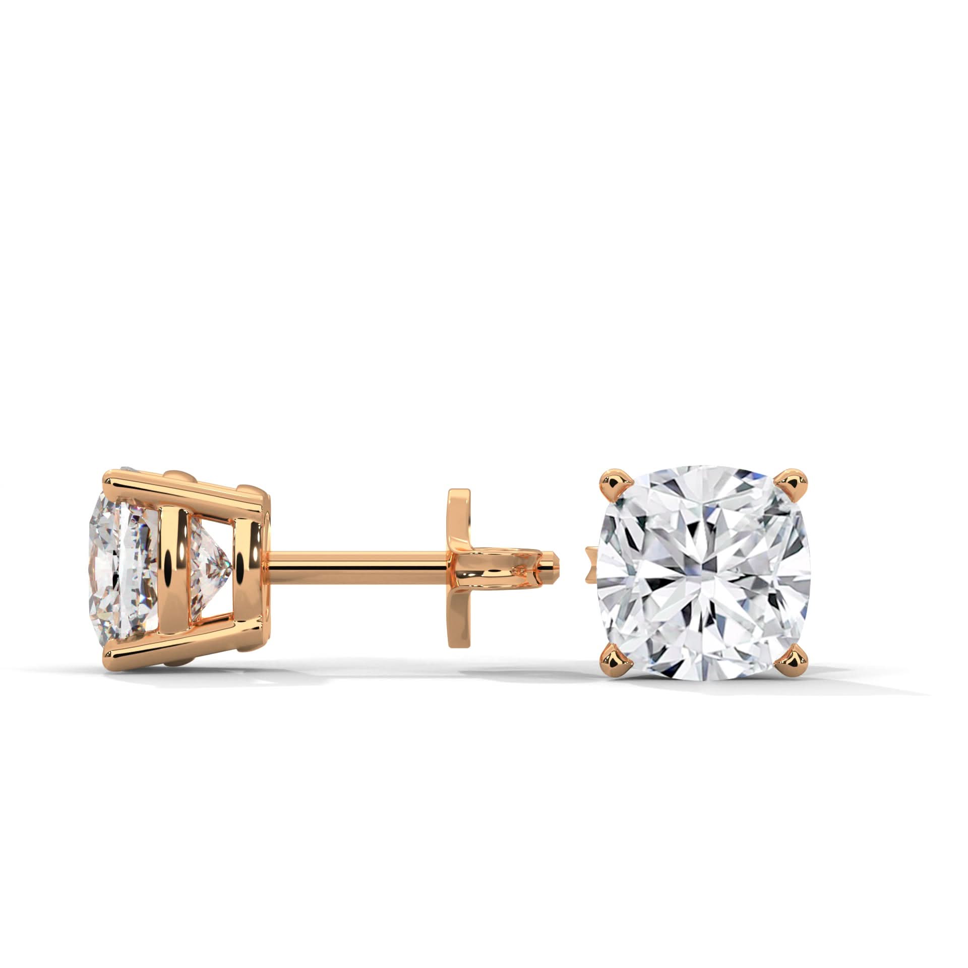 Rose gold diamond stud earrings on a white background
