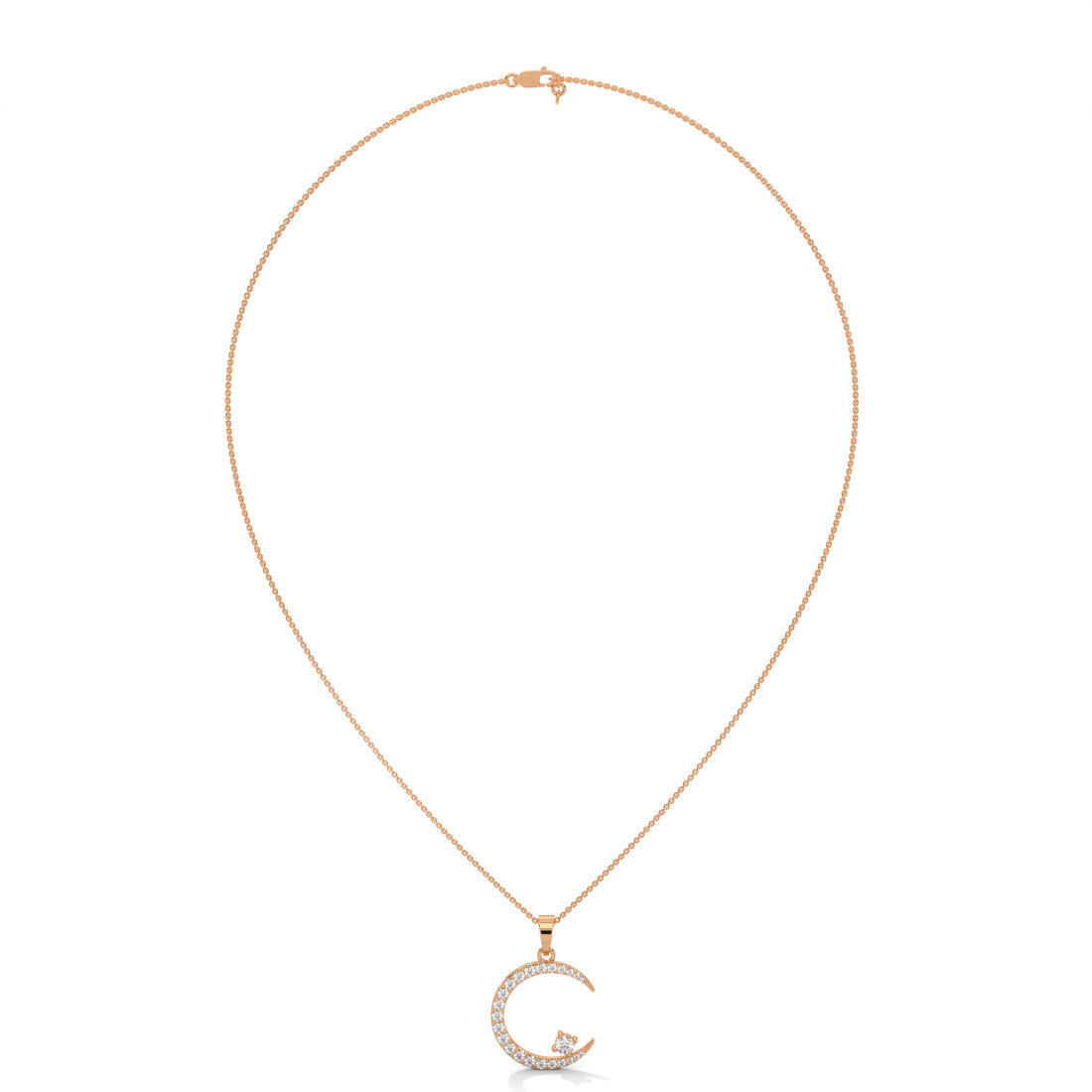 Gold necklace with a crescent moon pendant on a white background