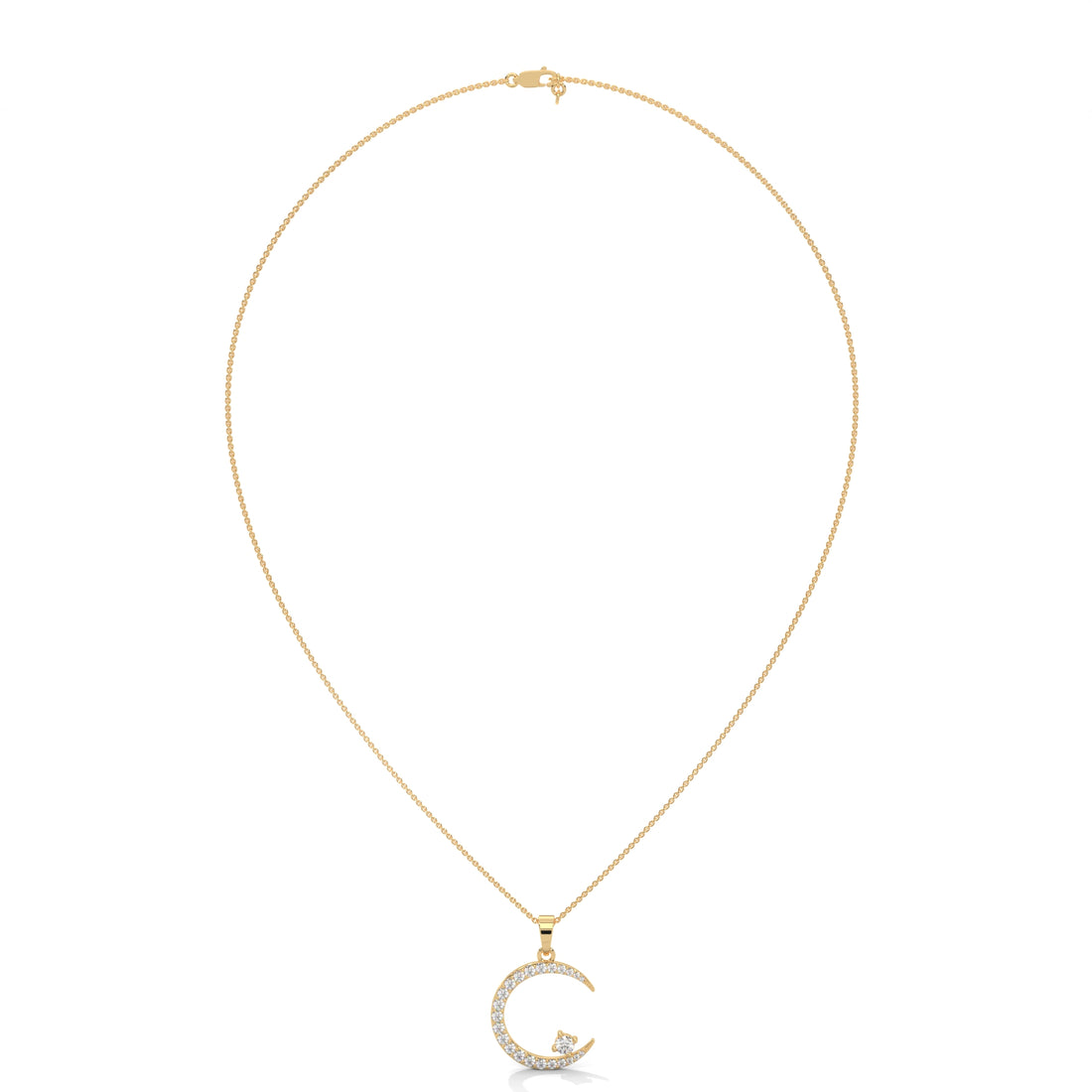Gold necklace with a crescent moon pendant on a white background