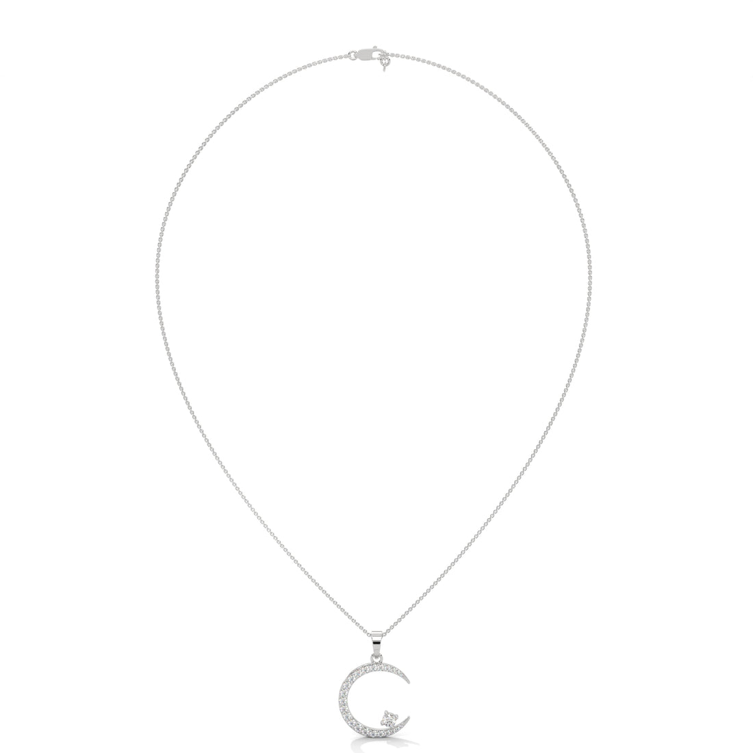 Silver necklace with a crescent moon pendant on a white background