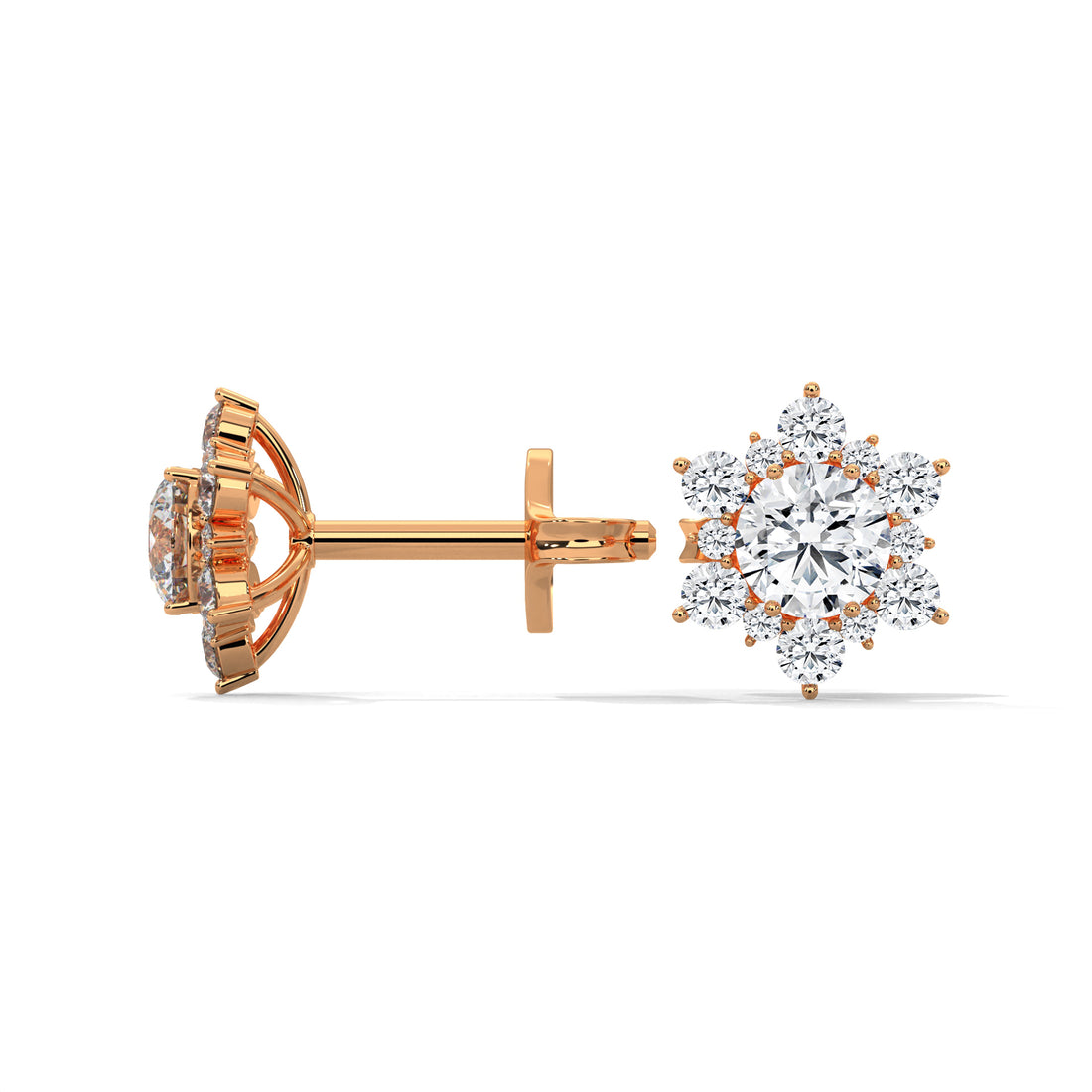 Rose gold diamond earrings on a white background