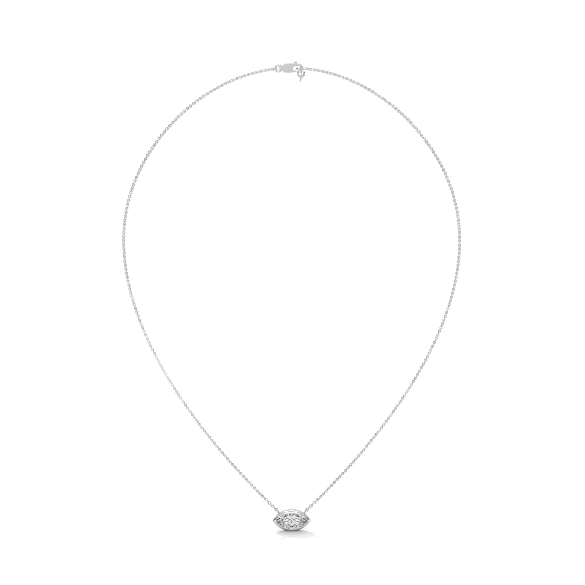 Silver necklace with a small pendant on a white background