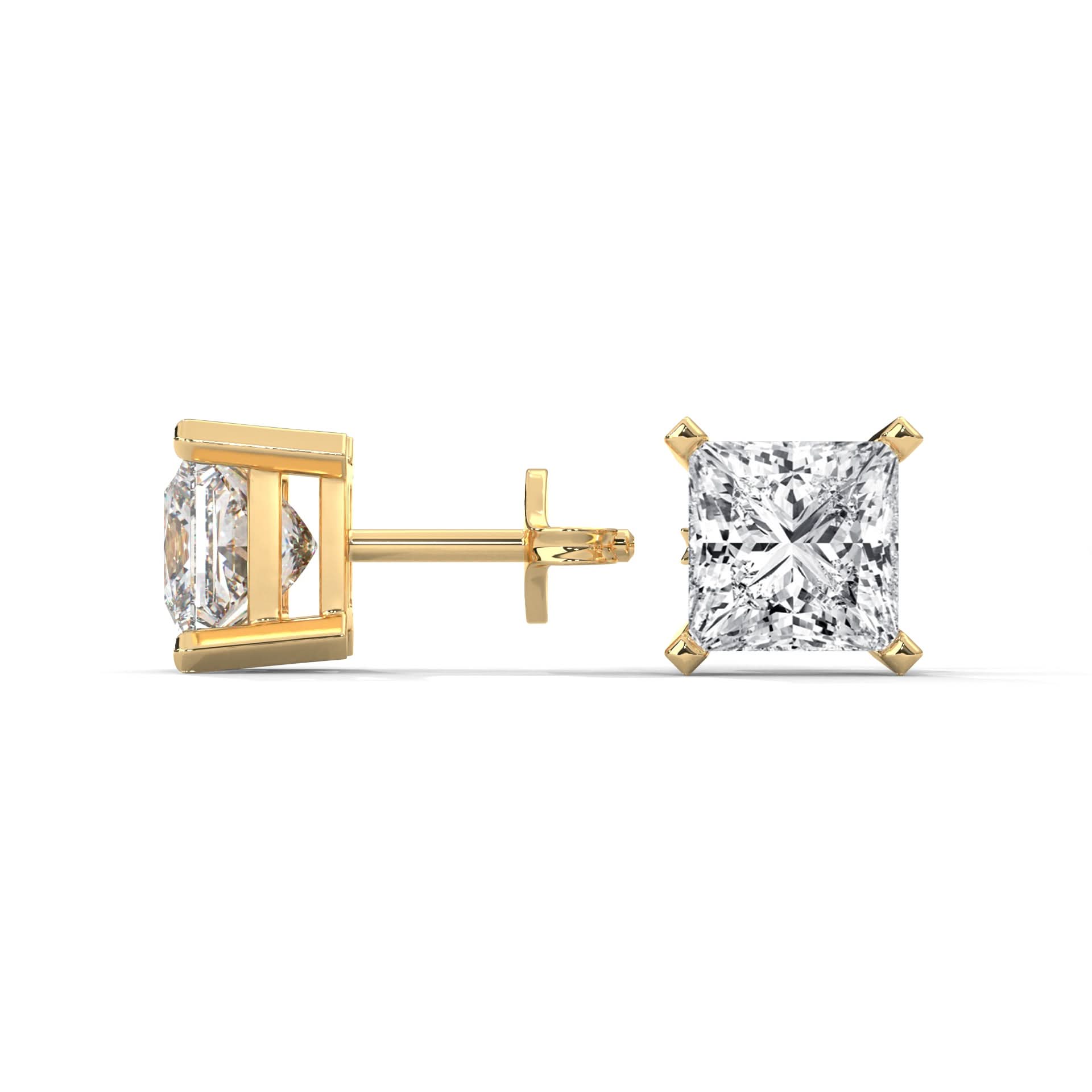 Gold diamond stud earrings on a white background