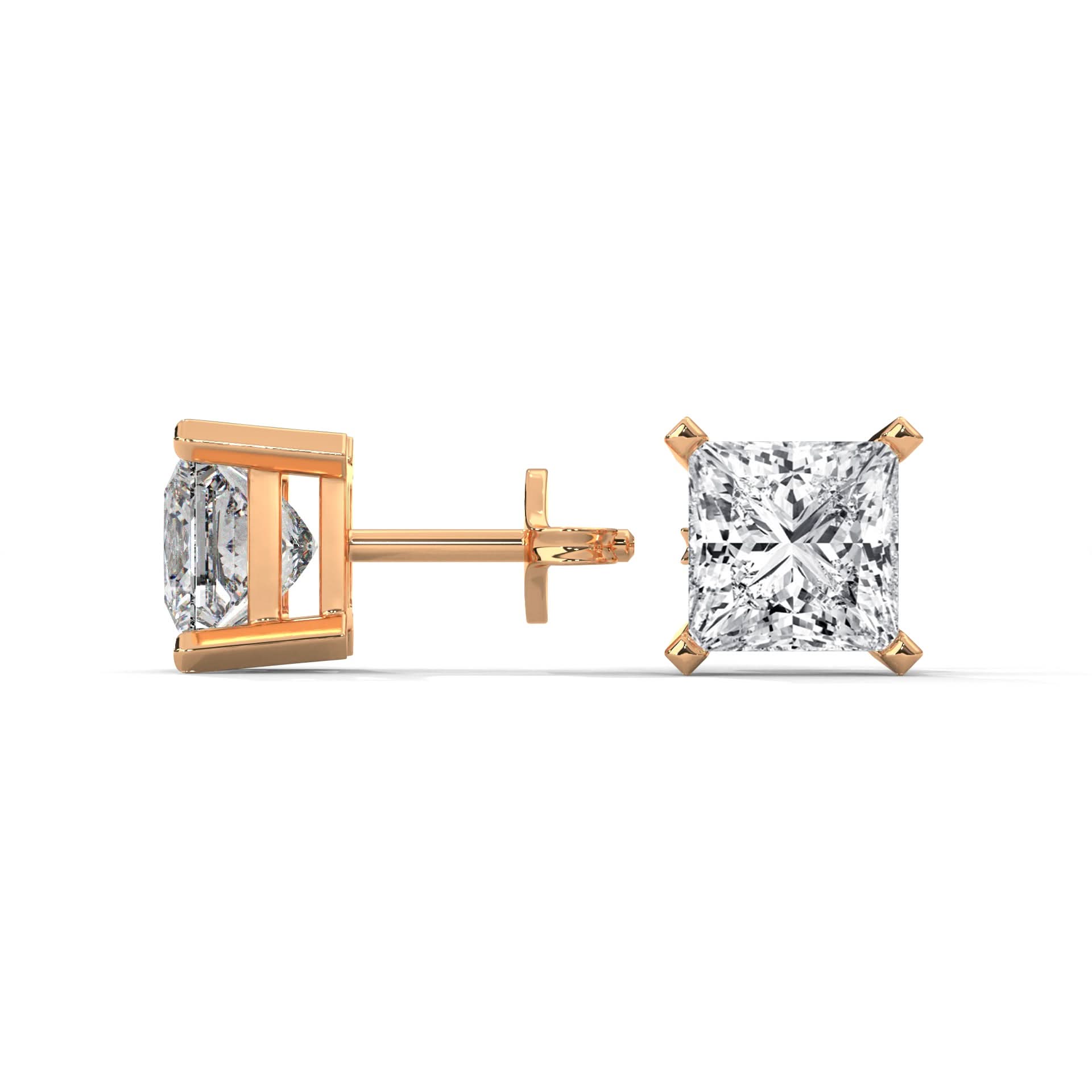Rose gold diamond stud earrings on a white background