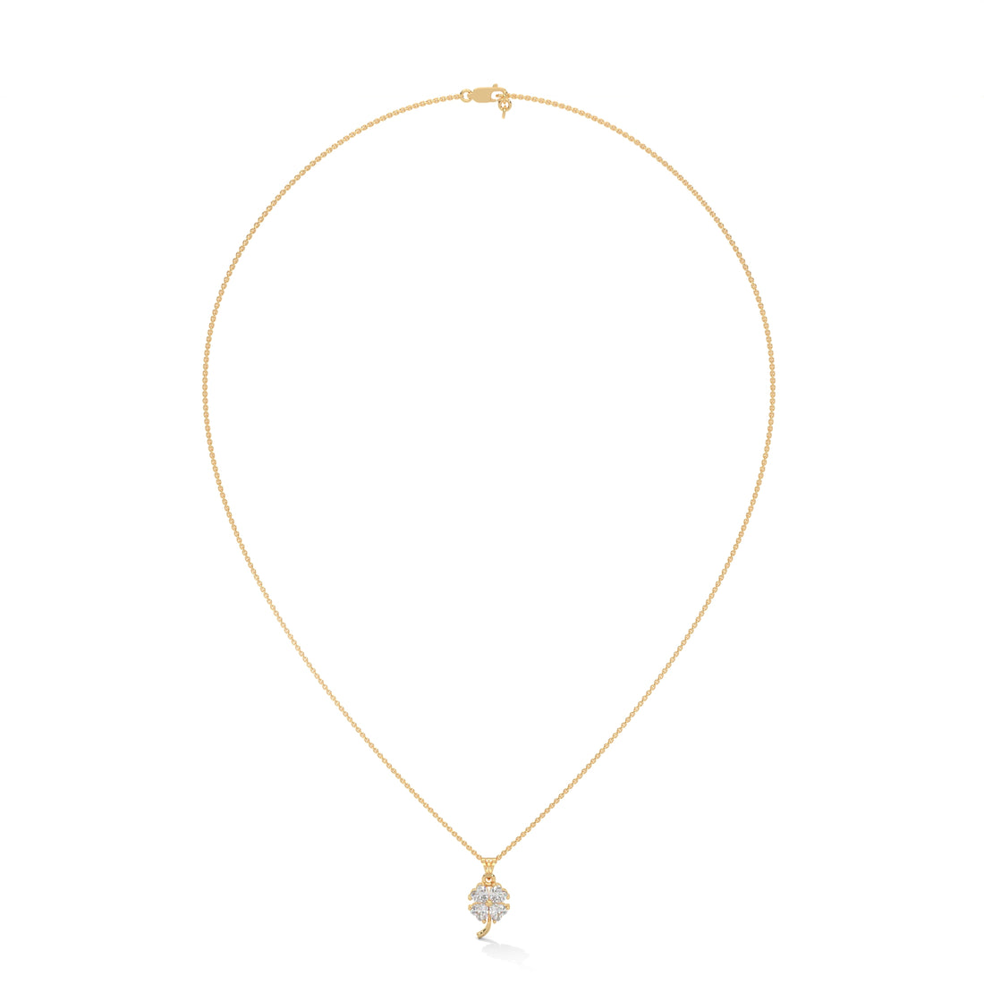 Gold necklace with a diamond pendant on a white background