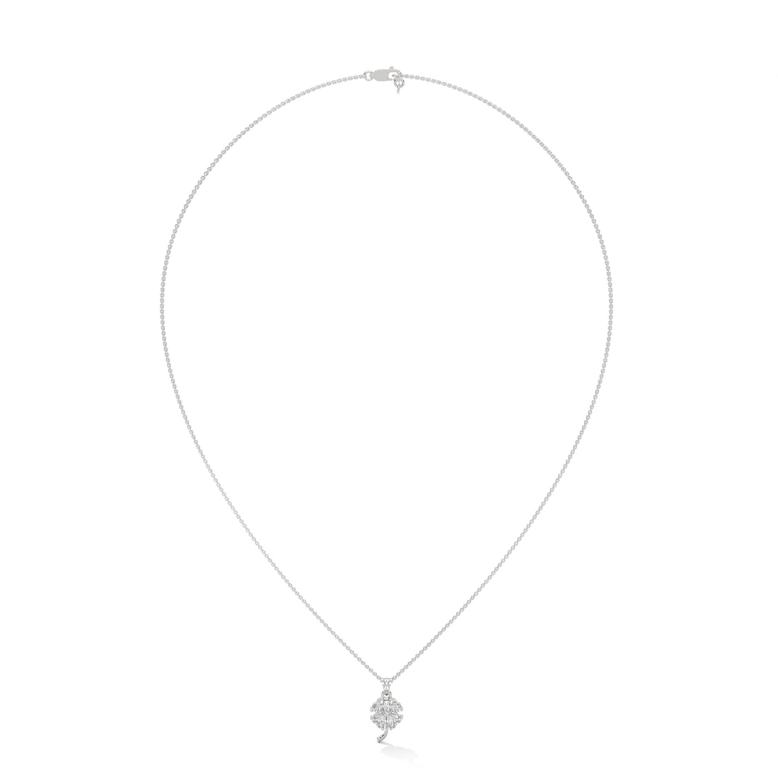 Silver necklace with a diamond pendant on a white background