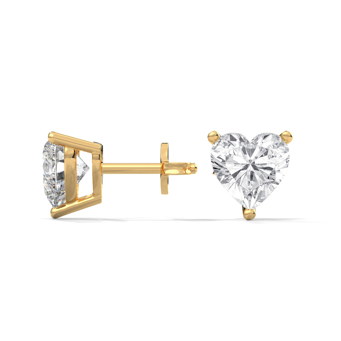 Heart-shaped diamond stud earrings on a white background