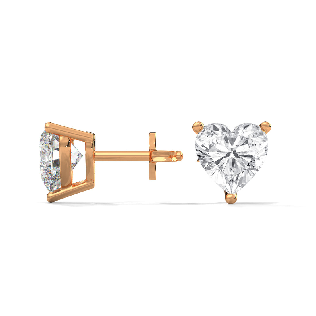 Rose gold heart-shaped diamond stud earrings on a white background