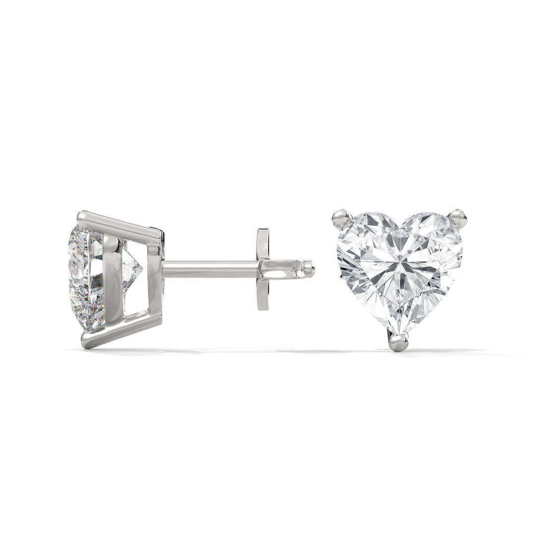Heart-shaped diamond stud earrings on a white background
