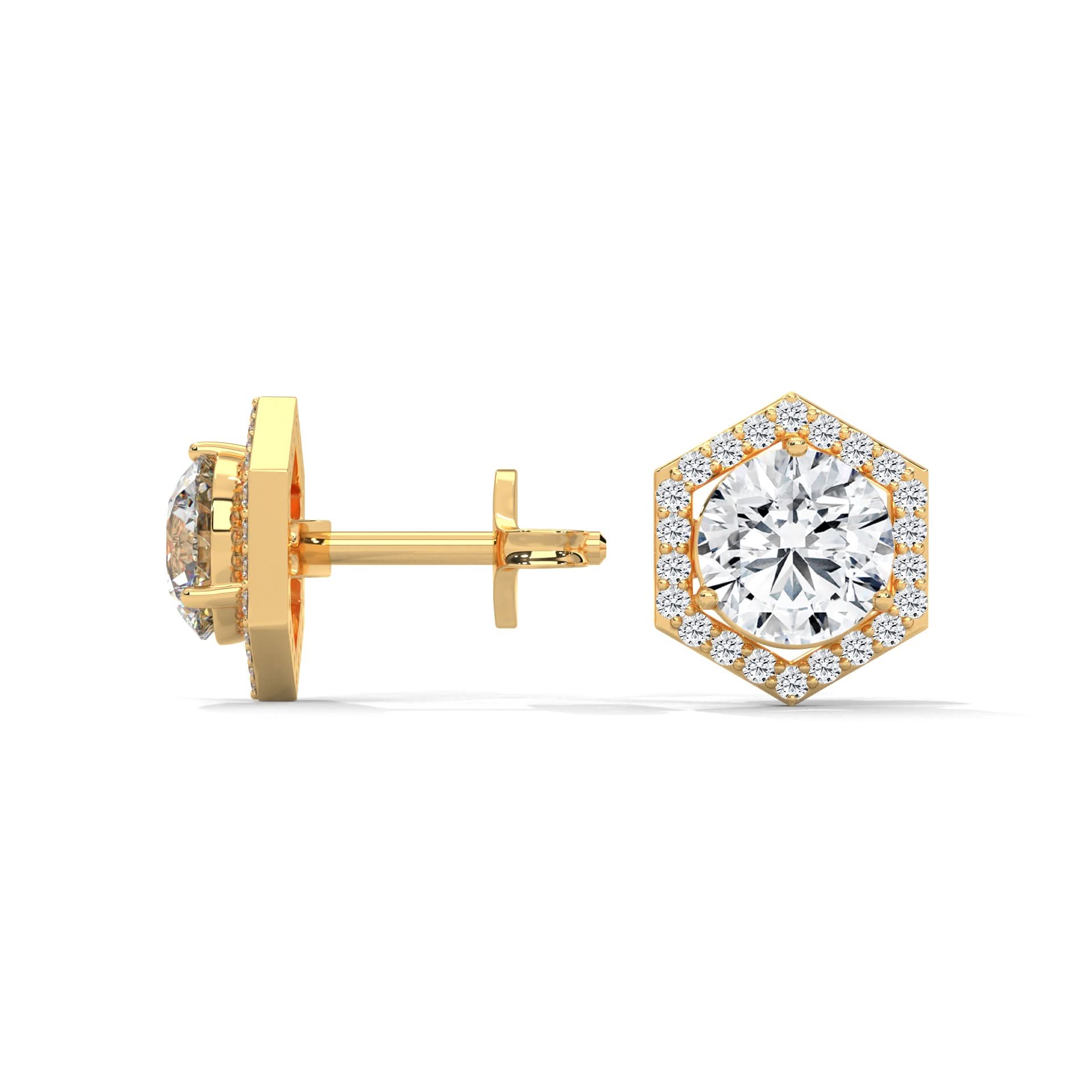 Gold hexagonal diamond stud earrings on a white background