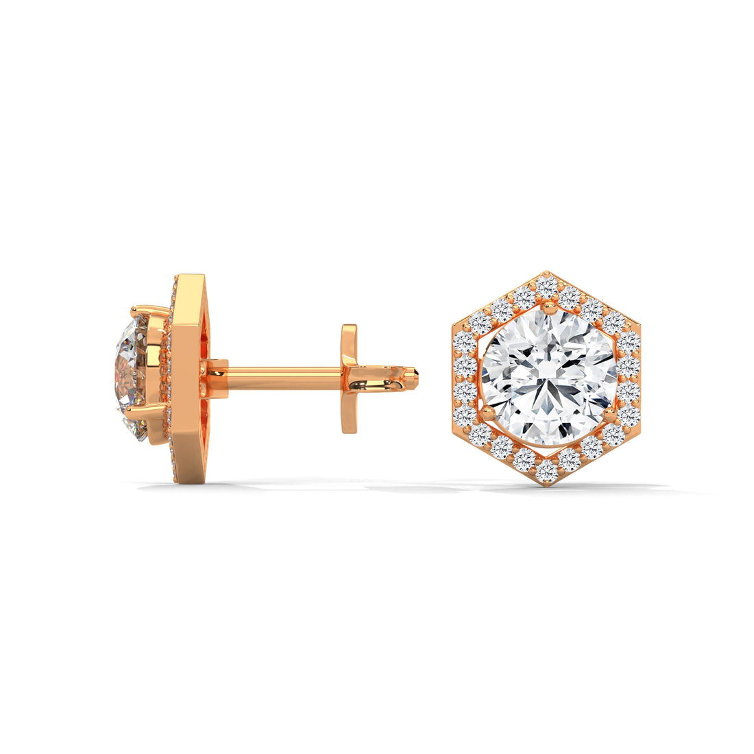 Rose gold hexagonal diamond stud earrings on a white background