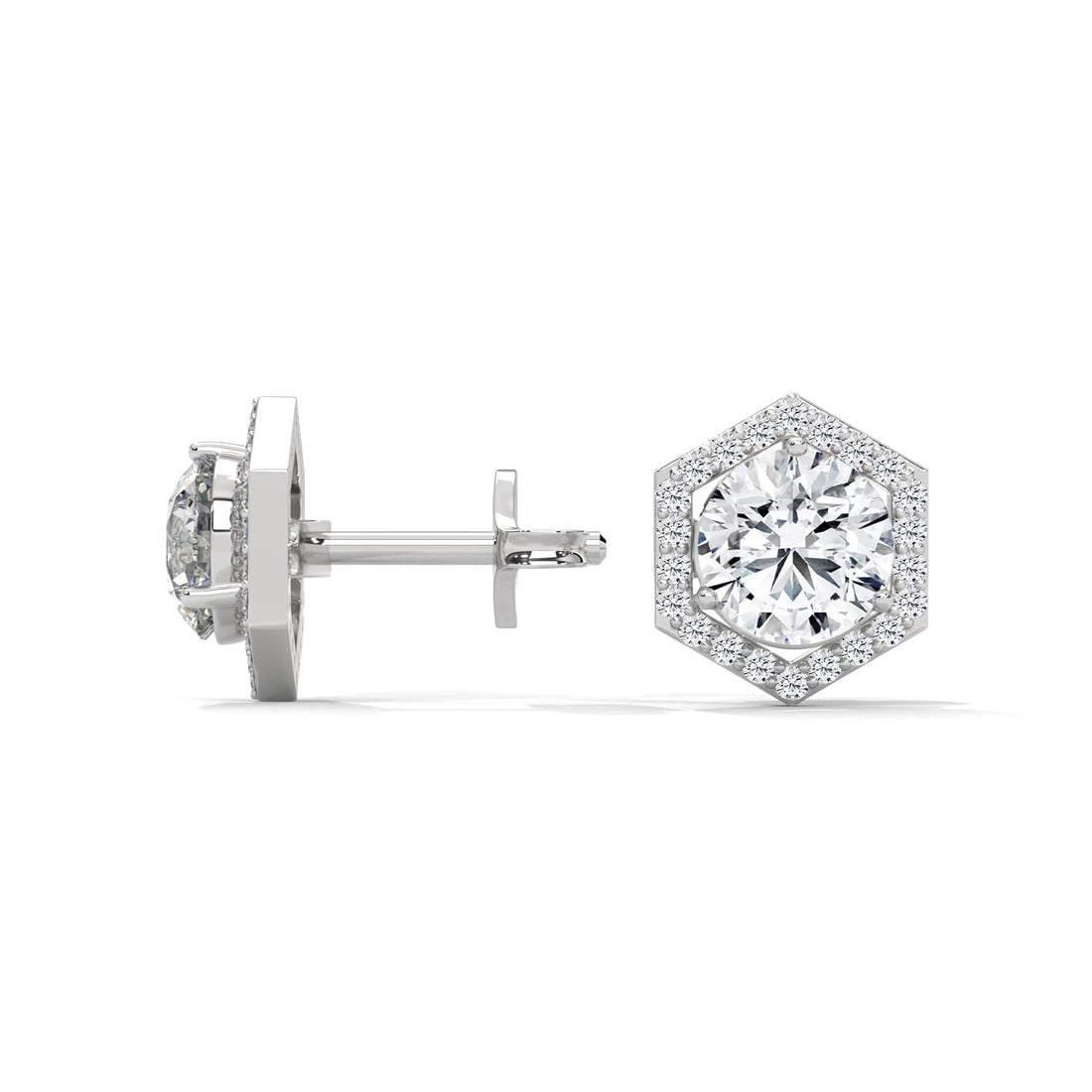 Diamond stud earrings with hexagonal design on a white background