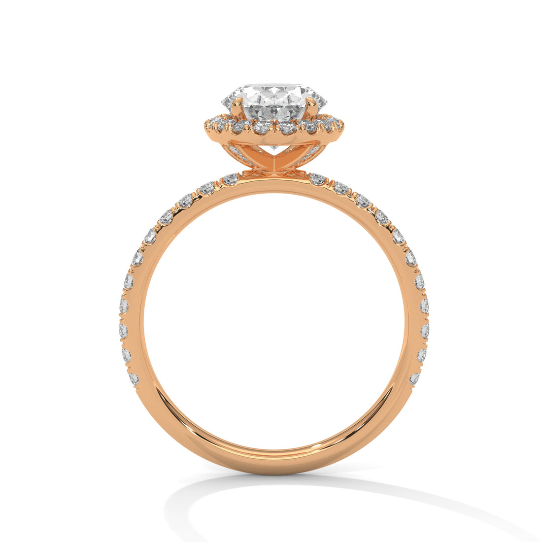 Rose gold ring with diamond accents on a white background