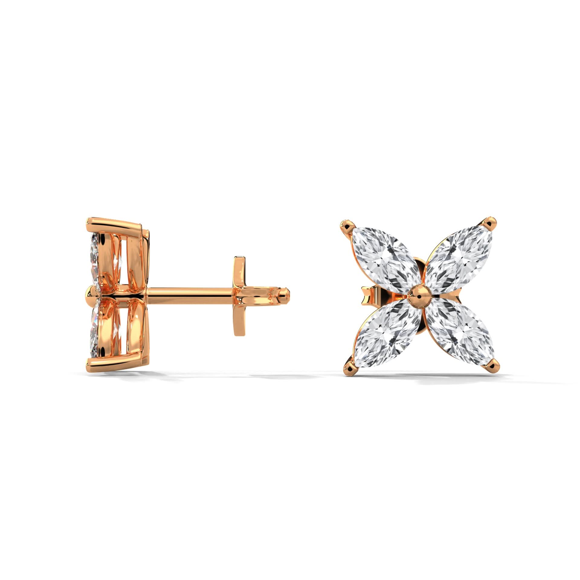 Rose gold earrings with diamond-like stones on a white background