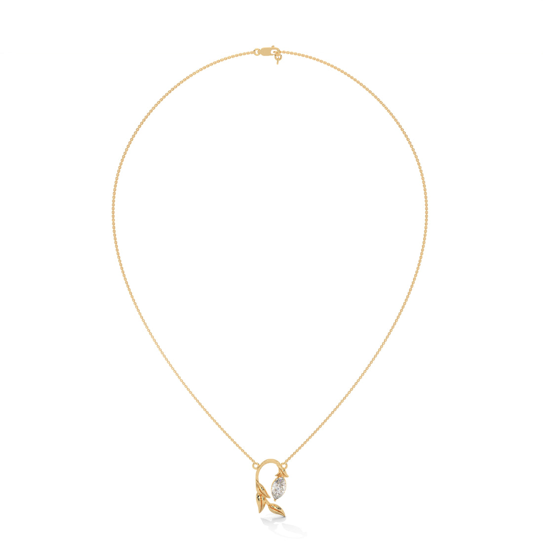 Gold necklace with a leaf-shaped pendant on a white background