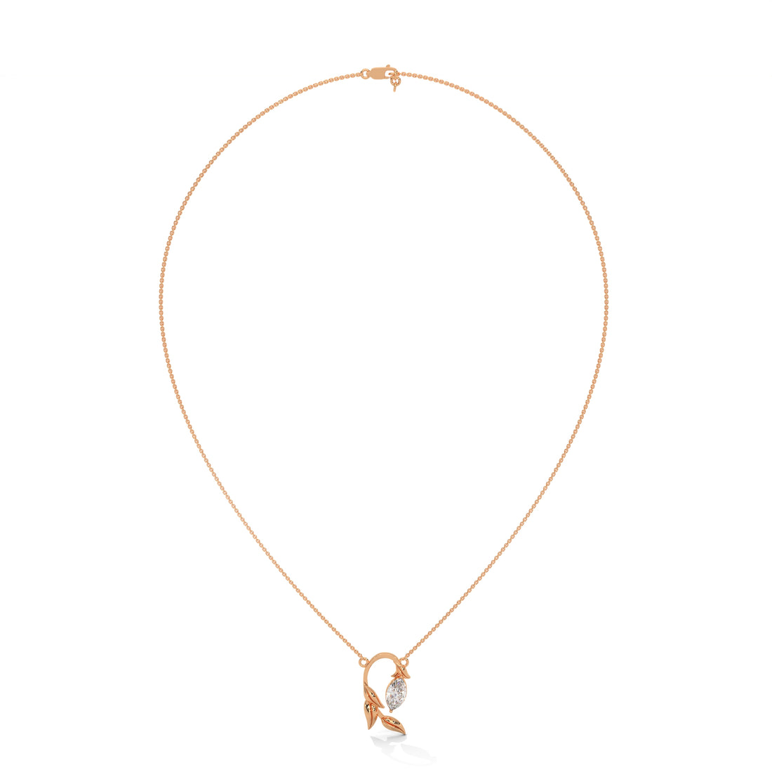 Gold necklace with a leaf-shaped pendant on a white background
