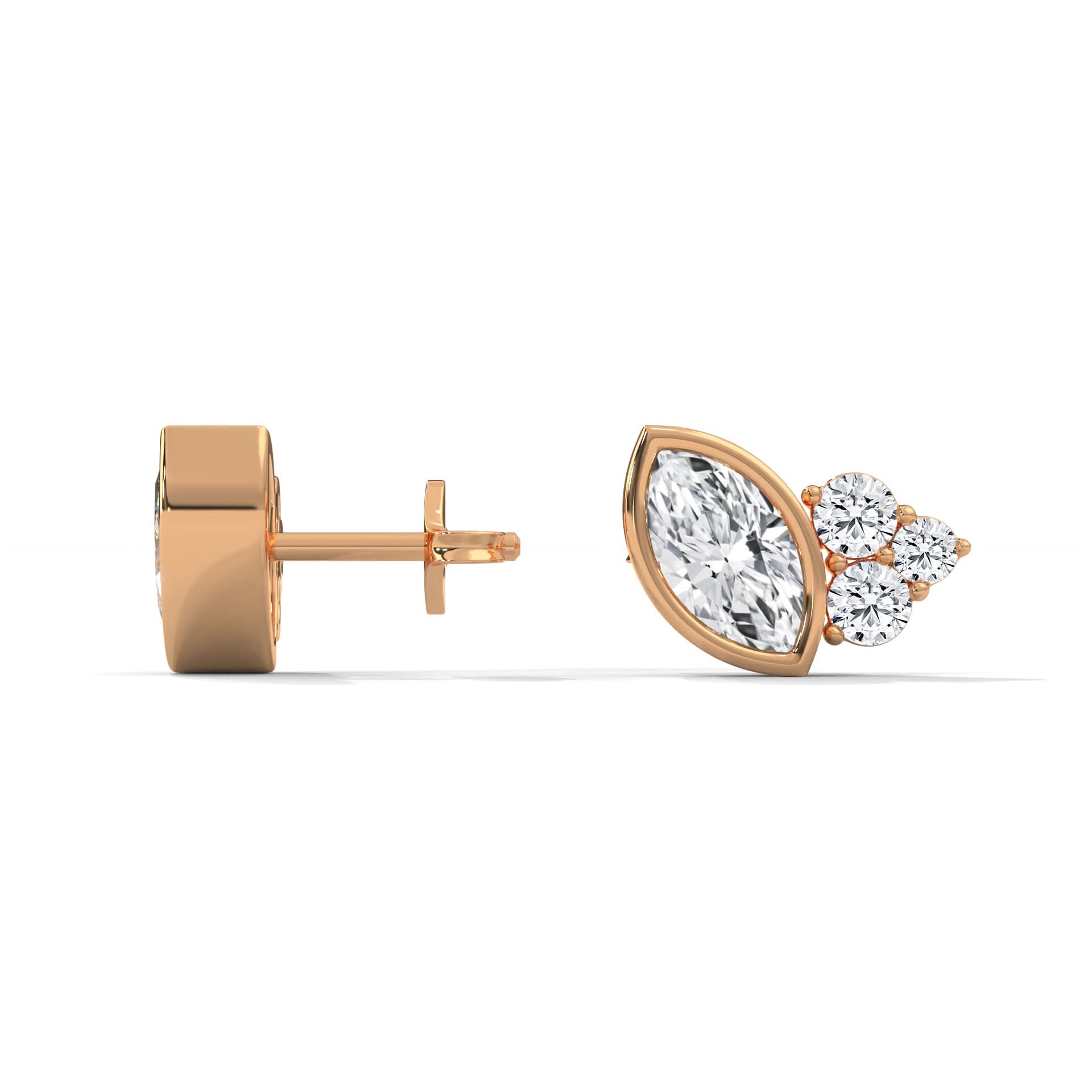 Rose gold earrings with clear Diamond on a white background