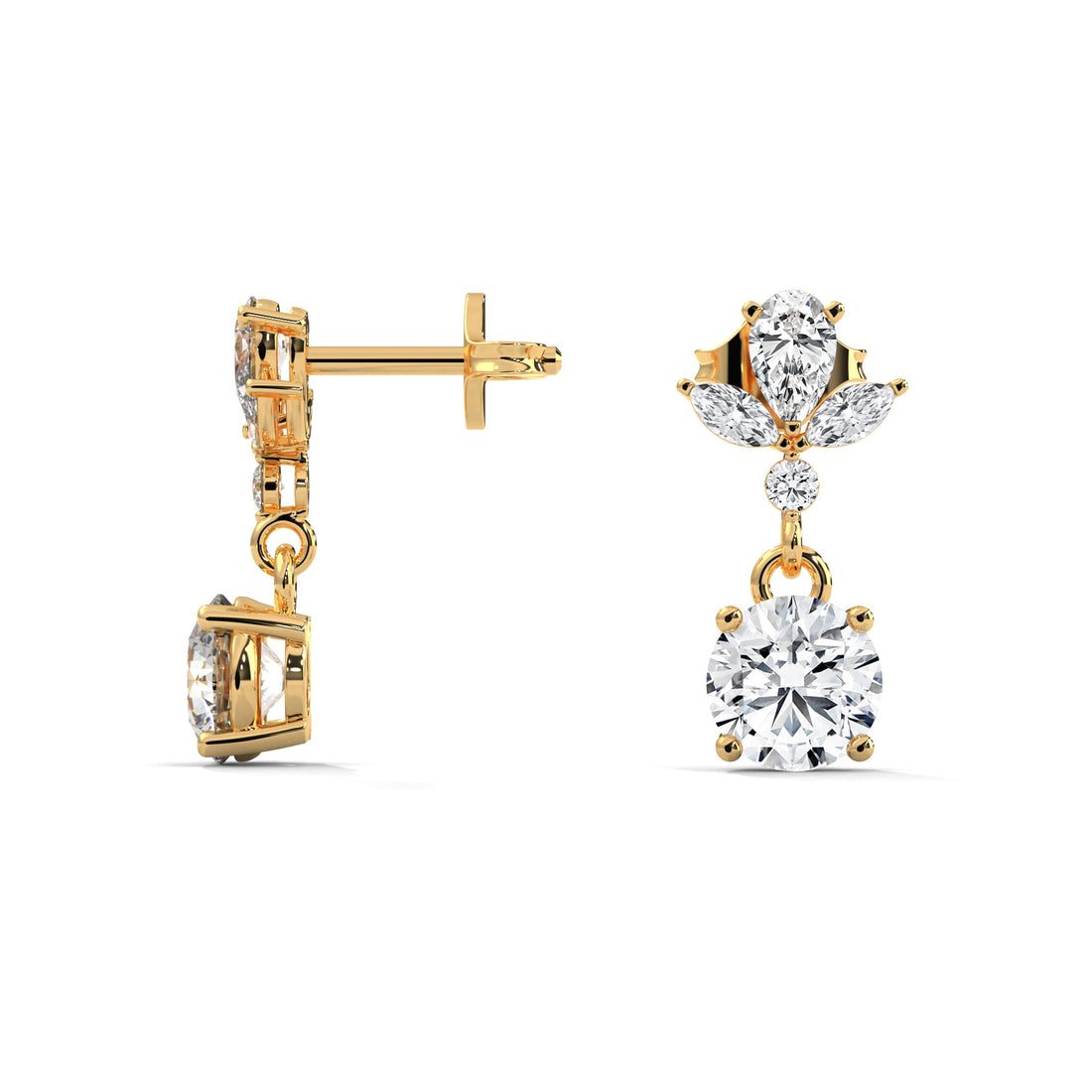 Gold and diamond earrings on a white background