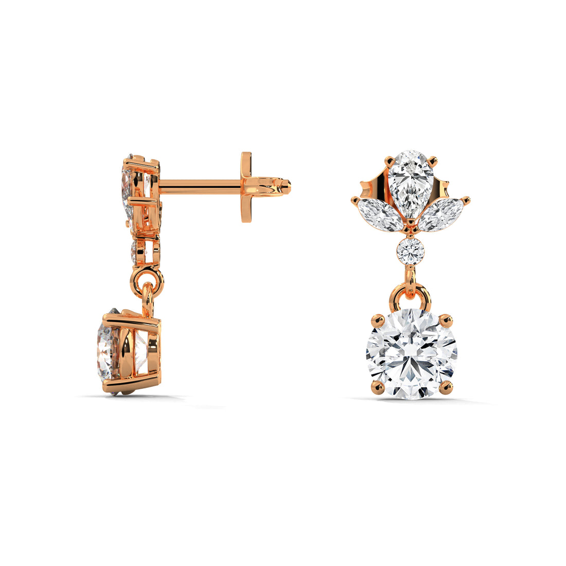 Rose gold and silver earrings with clear Diamond on a white background