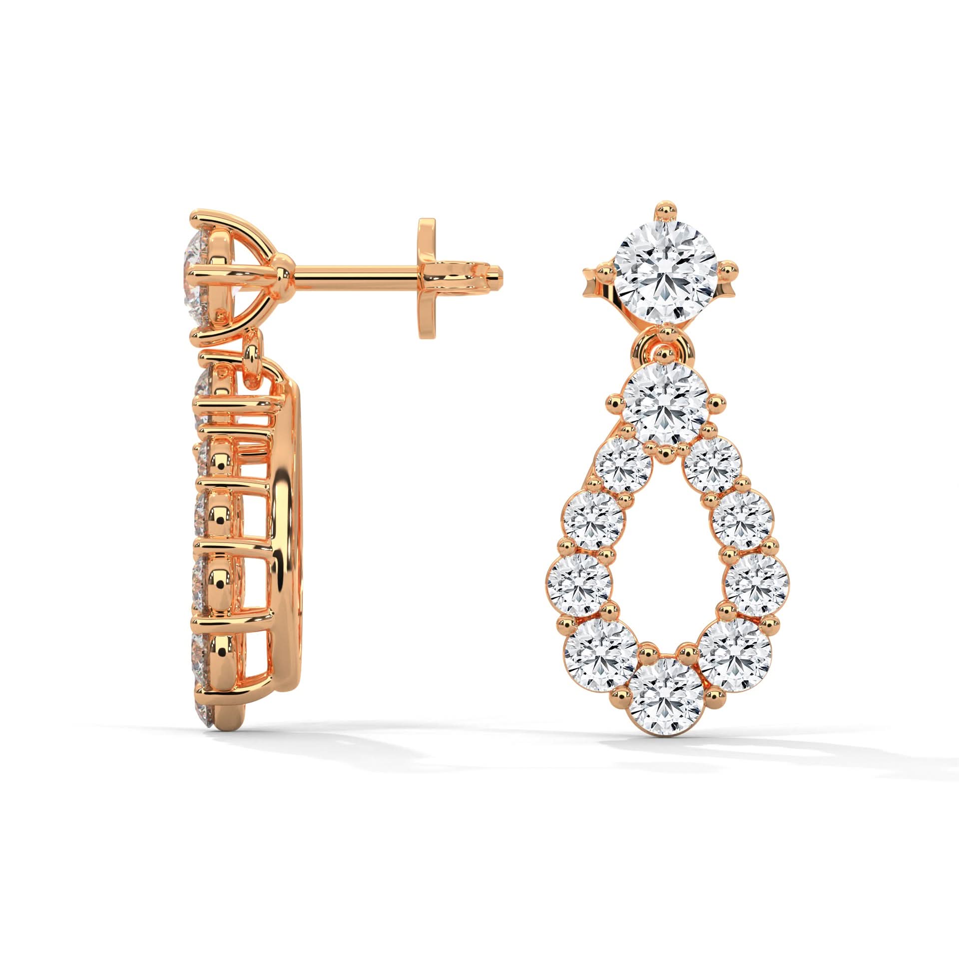 Rose gold hoop earrings with diamond accents on a white background