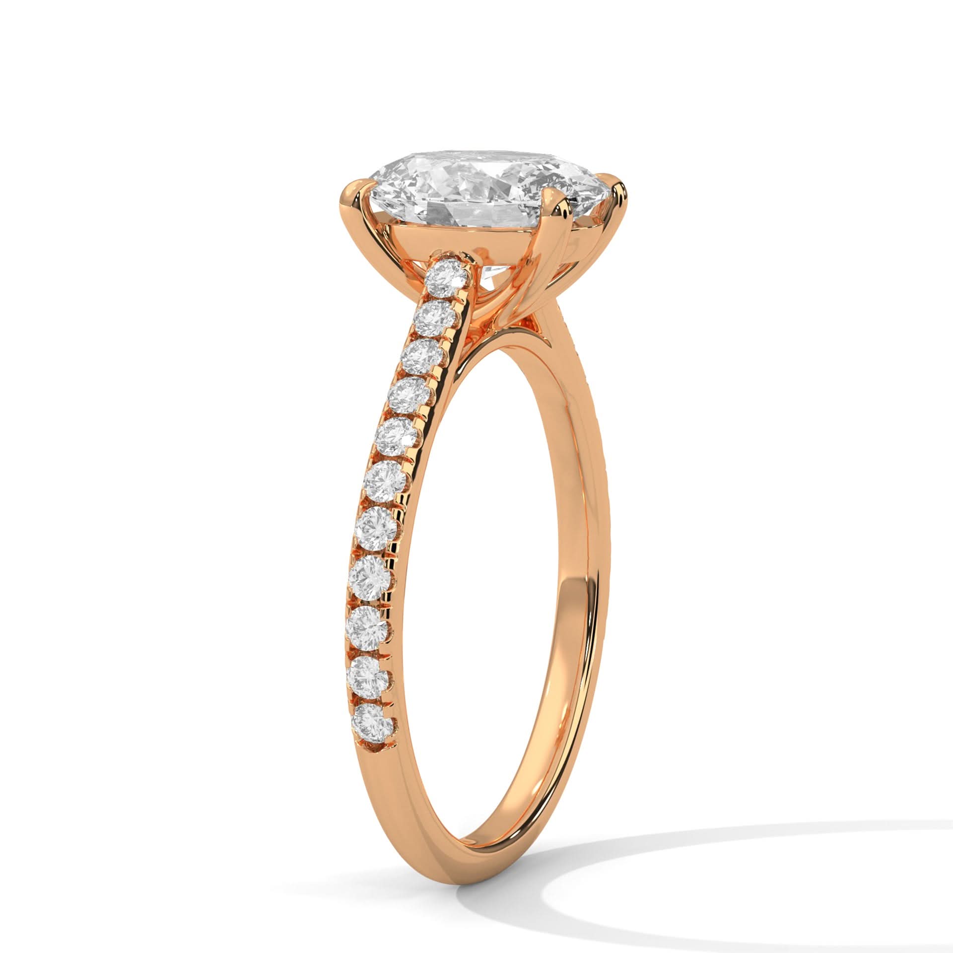 Rose gold ring with a large diamond and smaller diamonds on the band against a white background