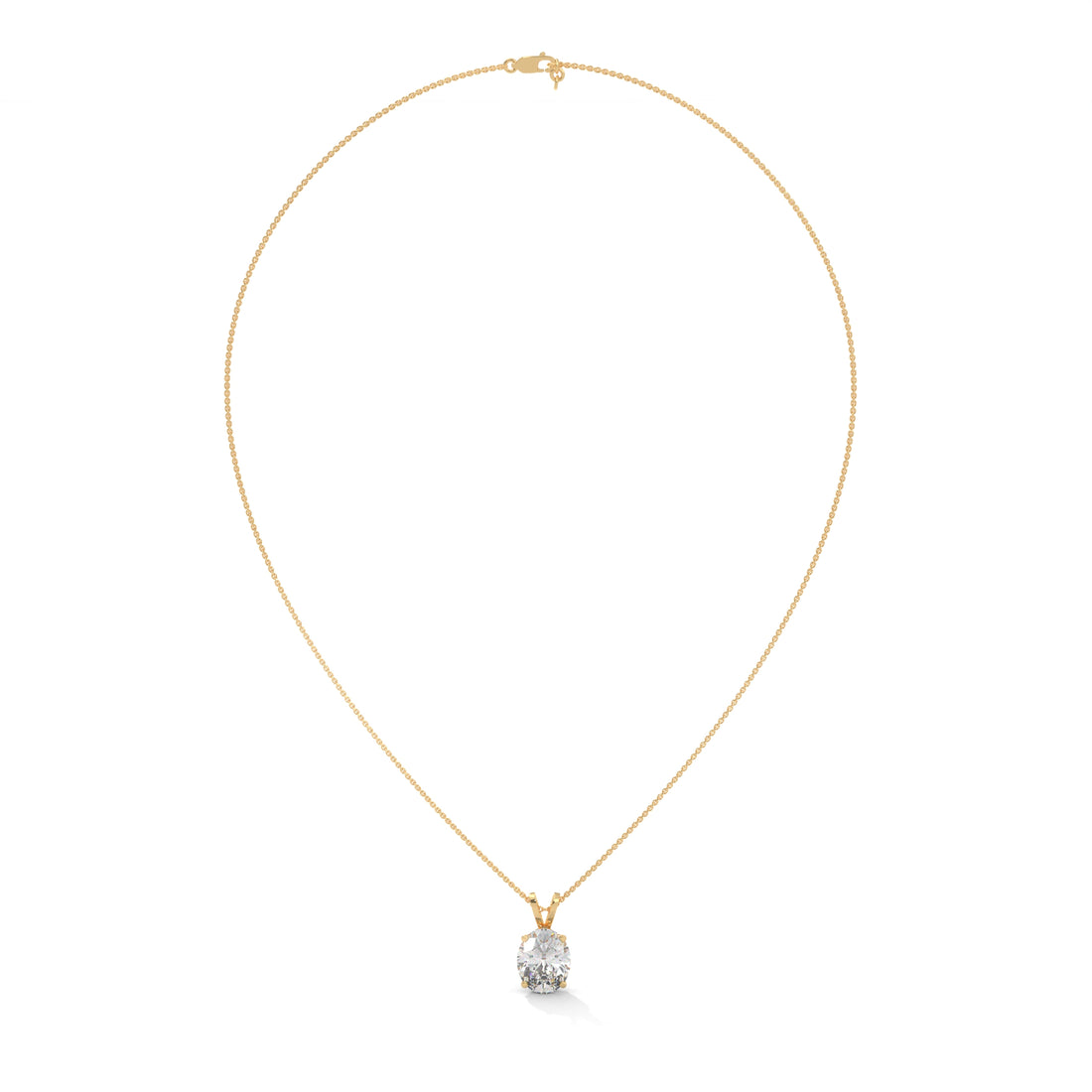 Gold necklace with a diamond pendant on a white background