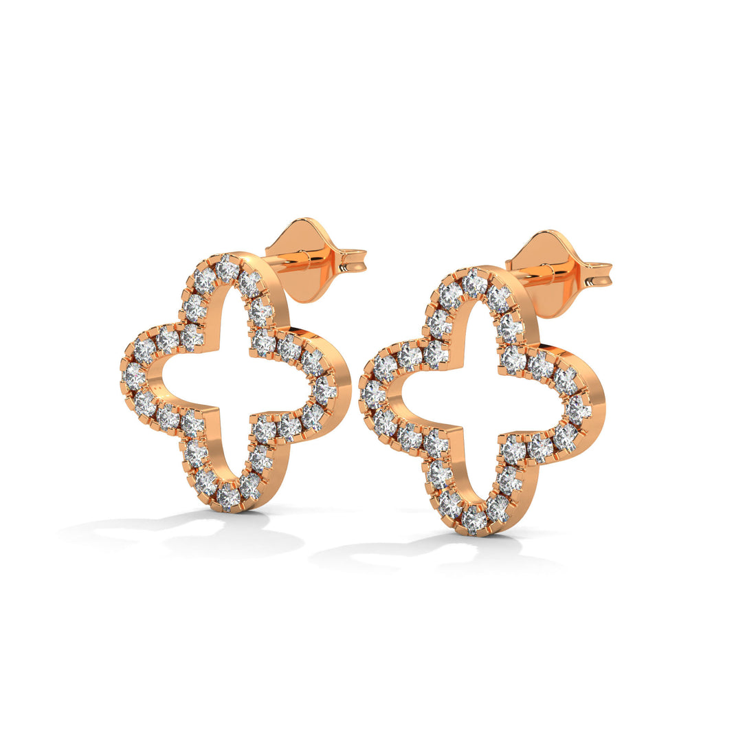 Rose gold earrings with diamond accents on a white background