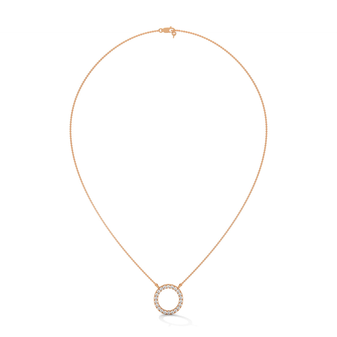 Rose gold necklace with a small circular pendant on a white background