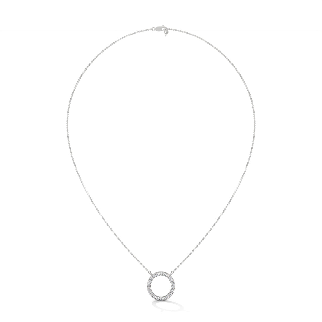 Silver necklace with a small round pendant on a white background