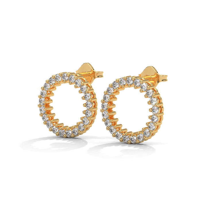 Gold hoop earrings with diamond accents on a white background